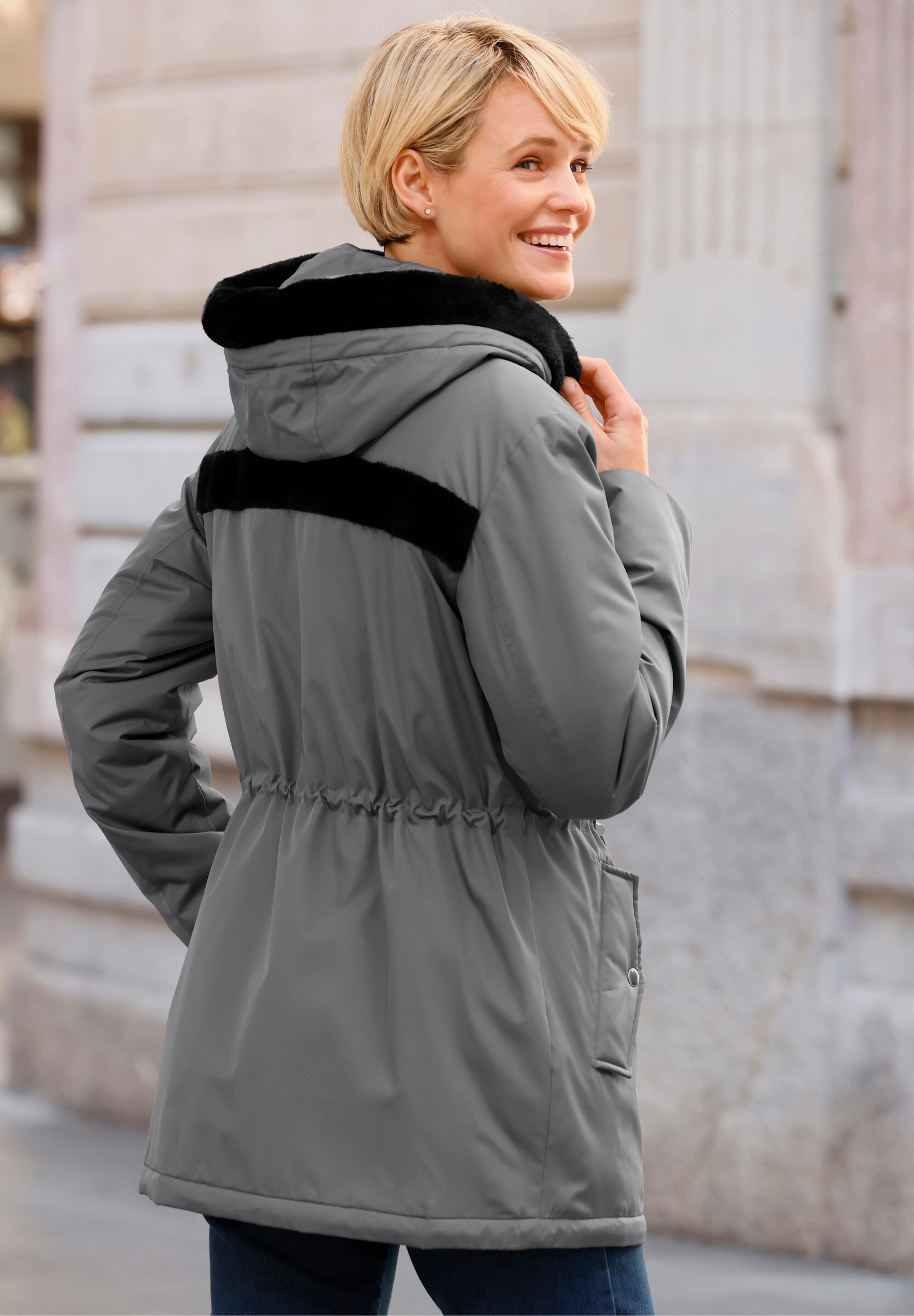 Sieh an! Steppjacke »Jacke Kapuzenjacke mit Pelz-Imitat-Besatz« mit Kapuze