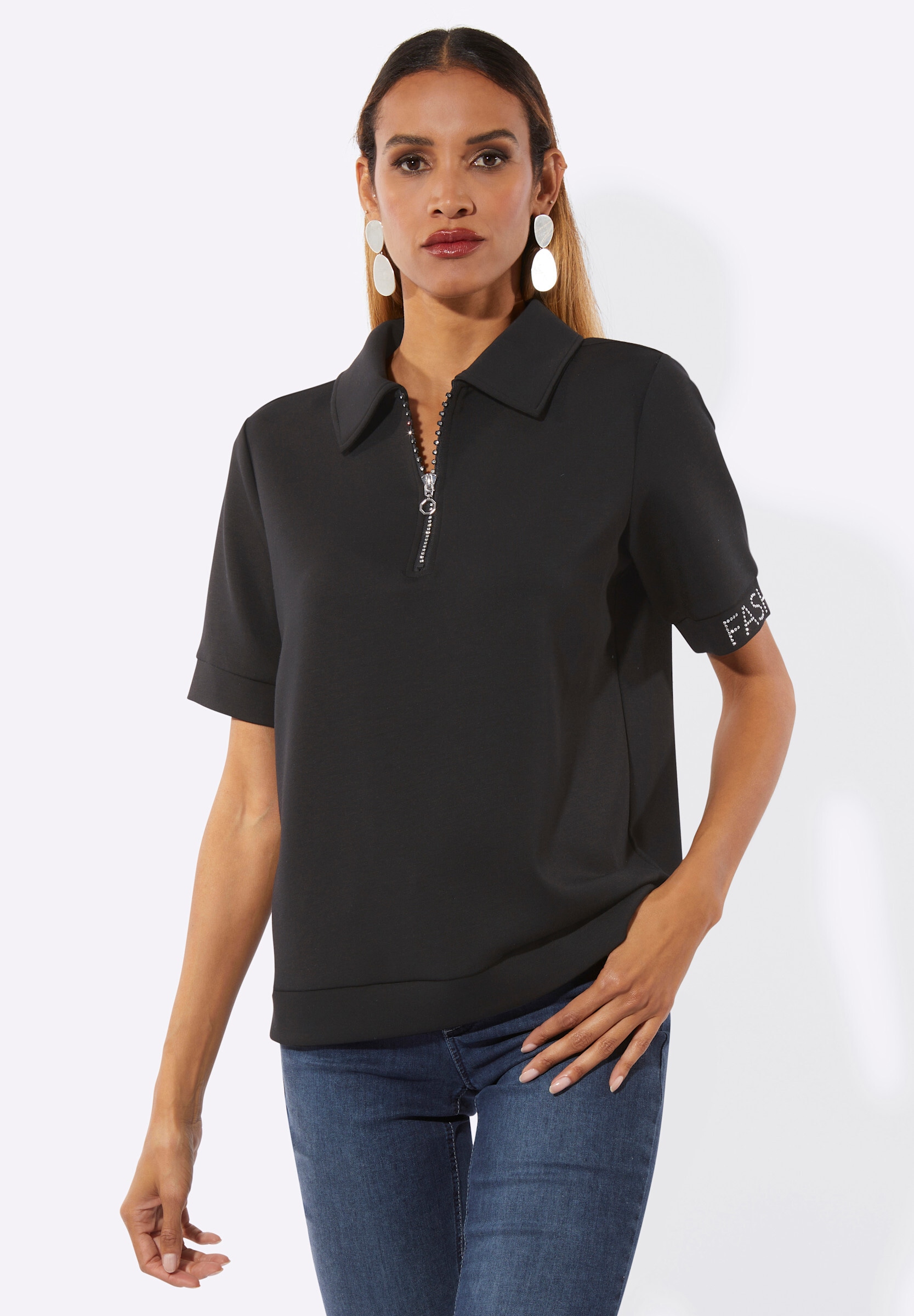 creation L Sweatshirt »Modal-Mix-Sweatshirt Poloshirt mit Glitzersteinchen«
