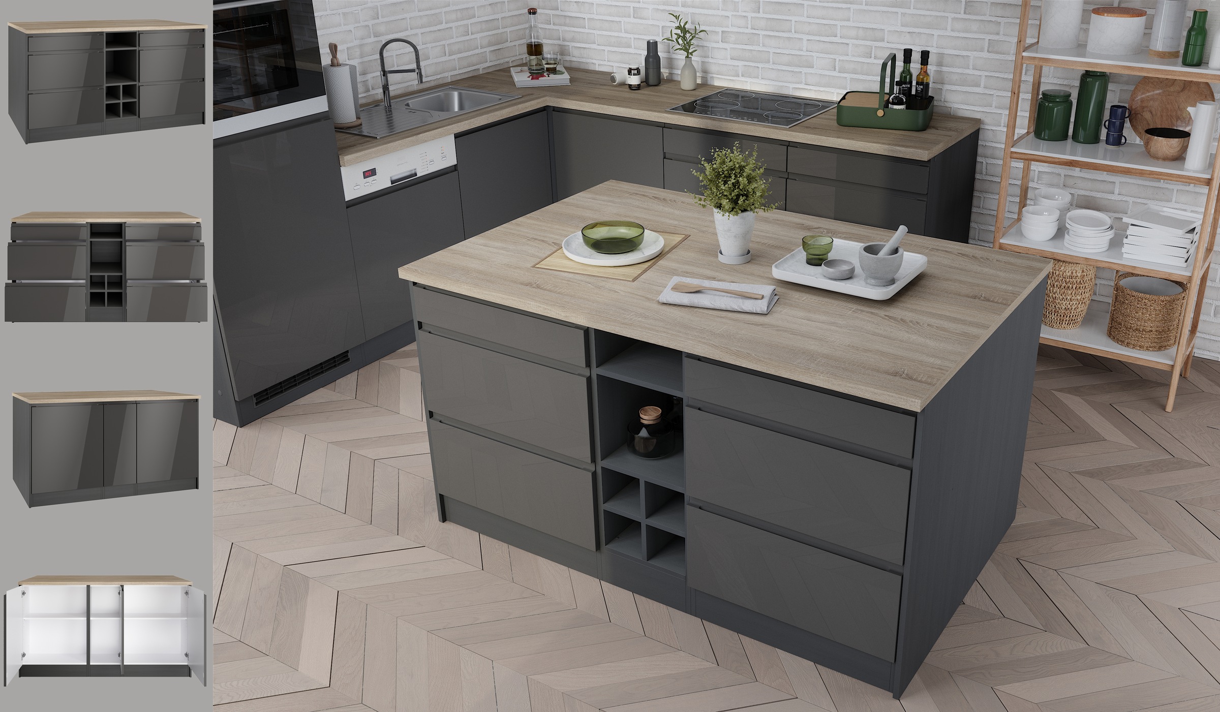 KOCHSTATION Kücheninsel »KS-Virginia«, Breite 153 cm, MDF-Fronten, Flaschenregal