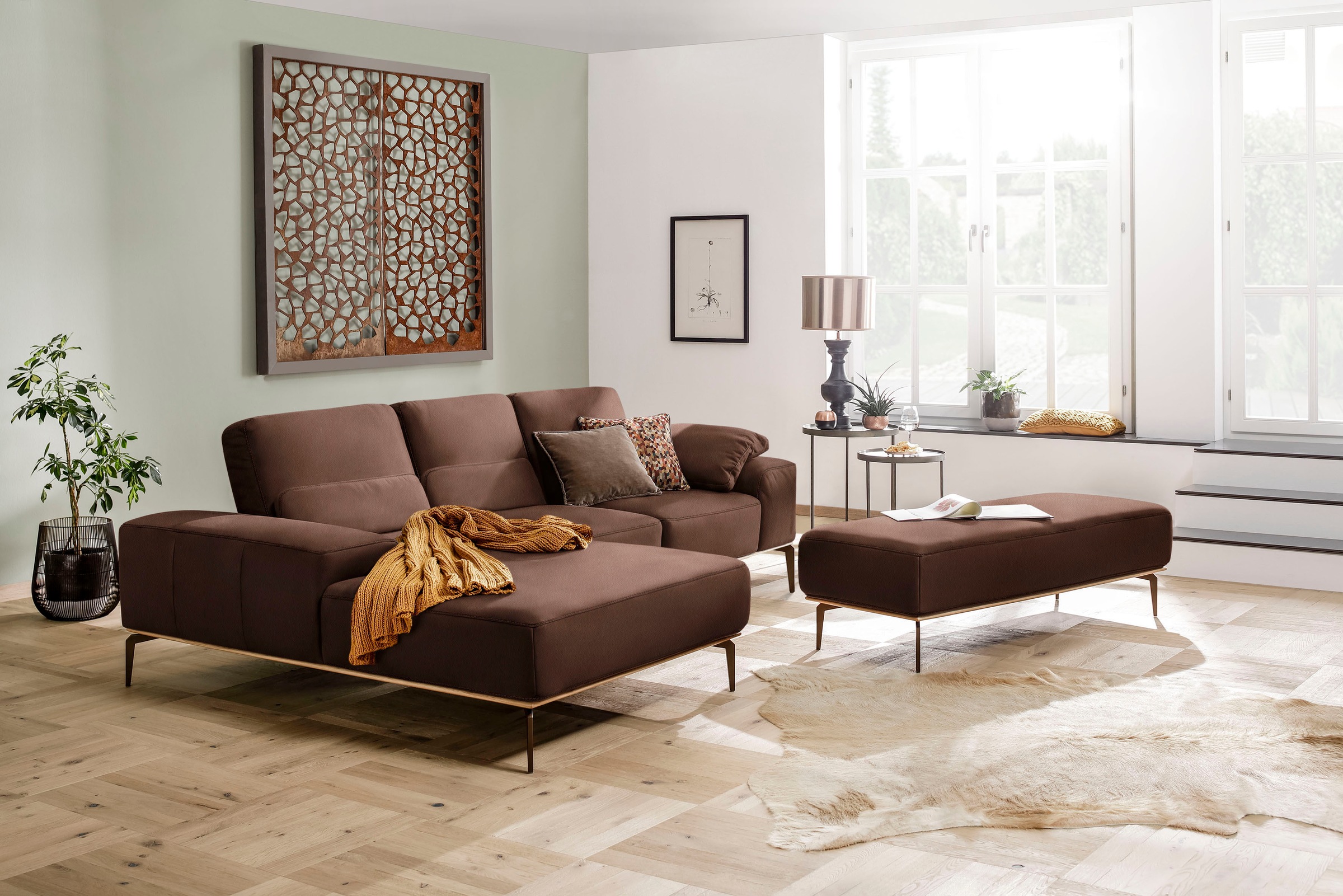 W.SCHILLIG Ecksofa »run, Designsofa mit tollem Sitzkomfort, bequem, L-Form«, mit Holzsockel, Füße in Bronze pulverbeschichtet, Breite 279 cm