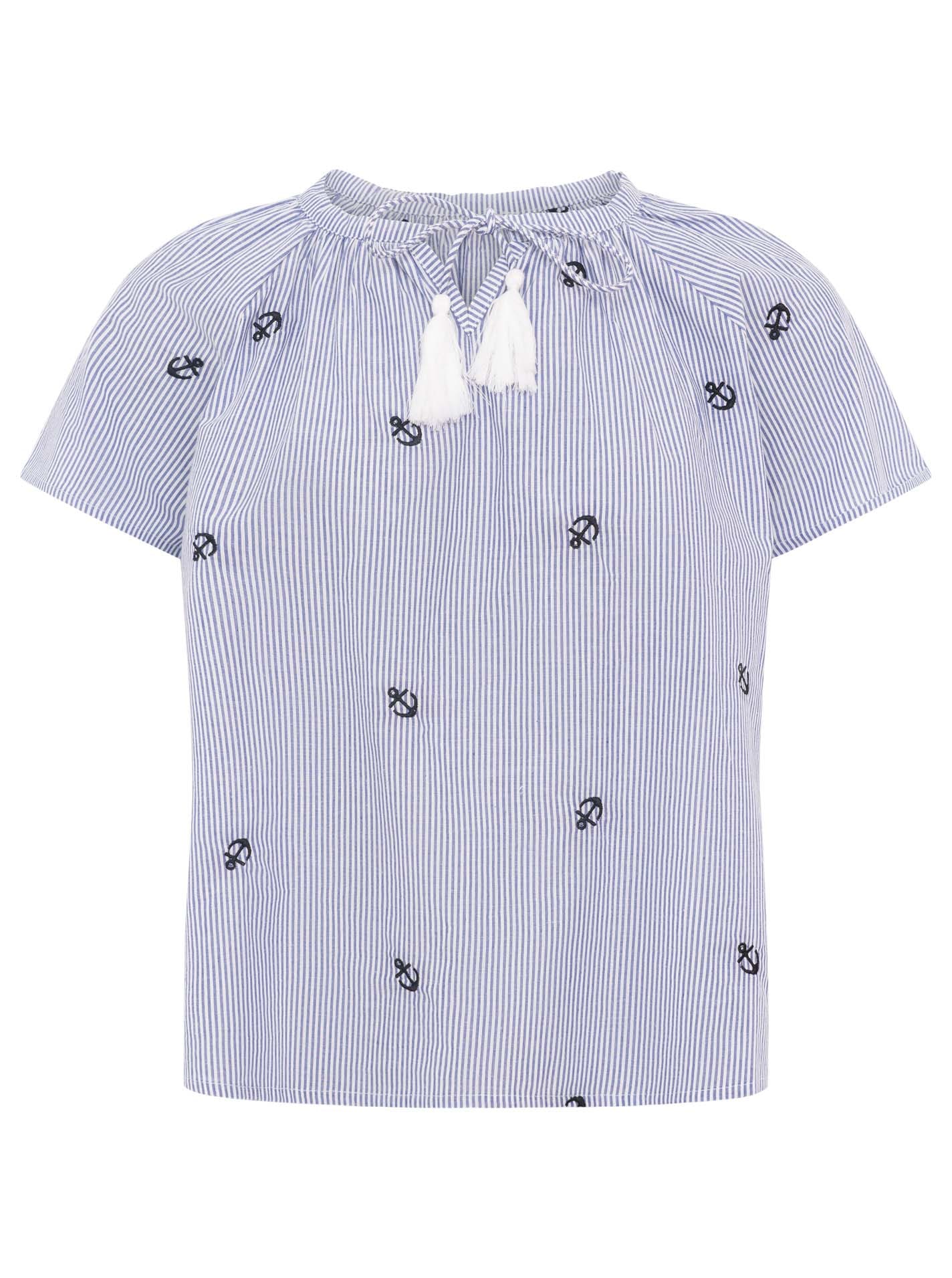 Zwillingsherz Kurzarmbluse »"Stripe & Stitch"« Kurzarm, mit Stickerei, Tunnelzug und Tasseln