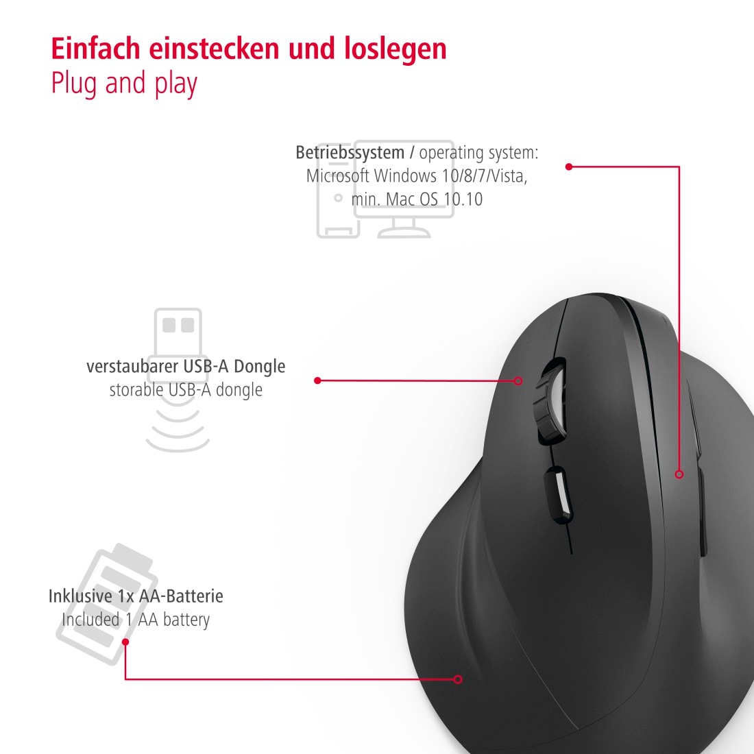 Hama ergonomische Maus »Computermaus kabellos für Linkshänder, ergonomisch, vertikal, schwarz«, Funk, Funkmaus, DPI Schalter, Browser Tasten, USB Empfänger