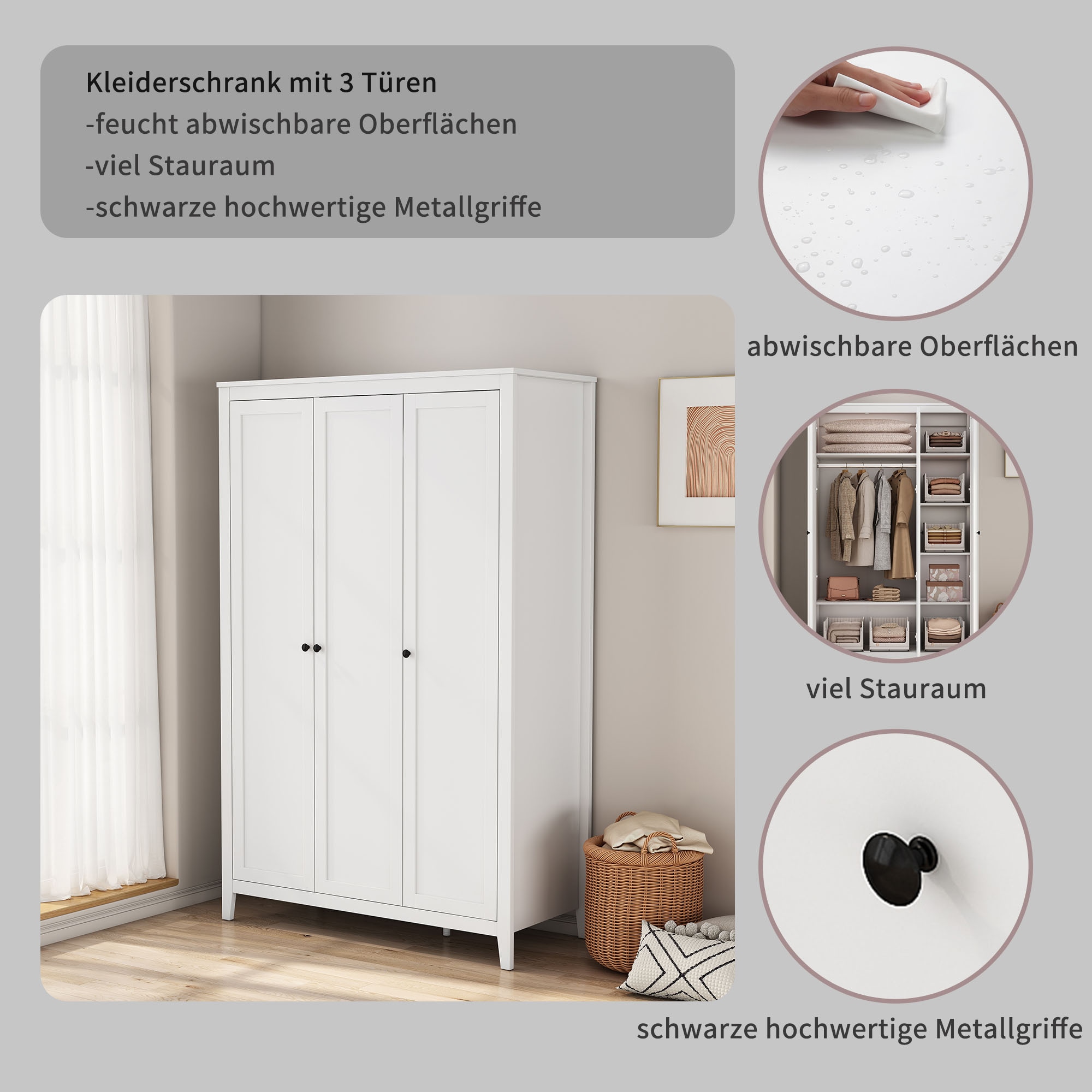 OTTO home Kleiderschrank »Borkum Schlafzimmerschrank Garderobe Landhaus Bestseller weiß« hochwertige schwarze Griffe aus Metall,  Schlafzimmerschrank mit 6 Böden und Kleiderstange, 3 Türen