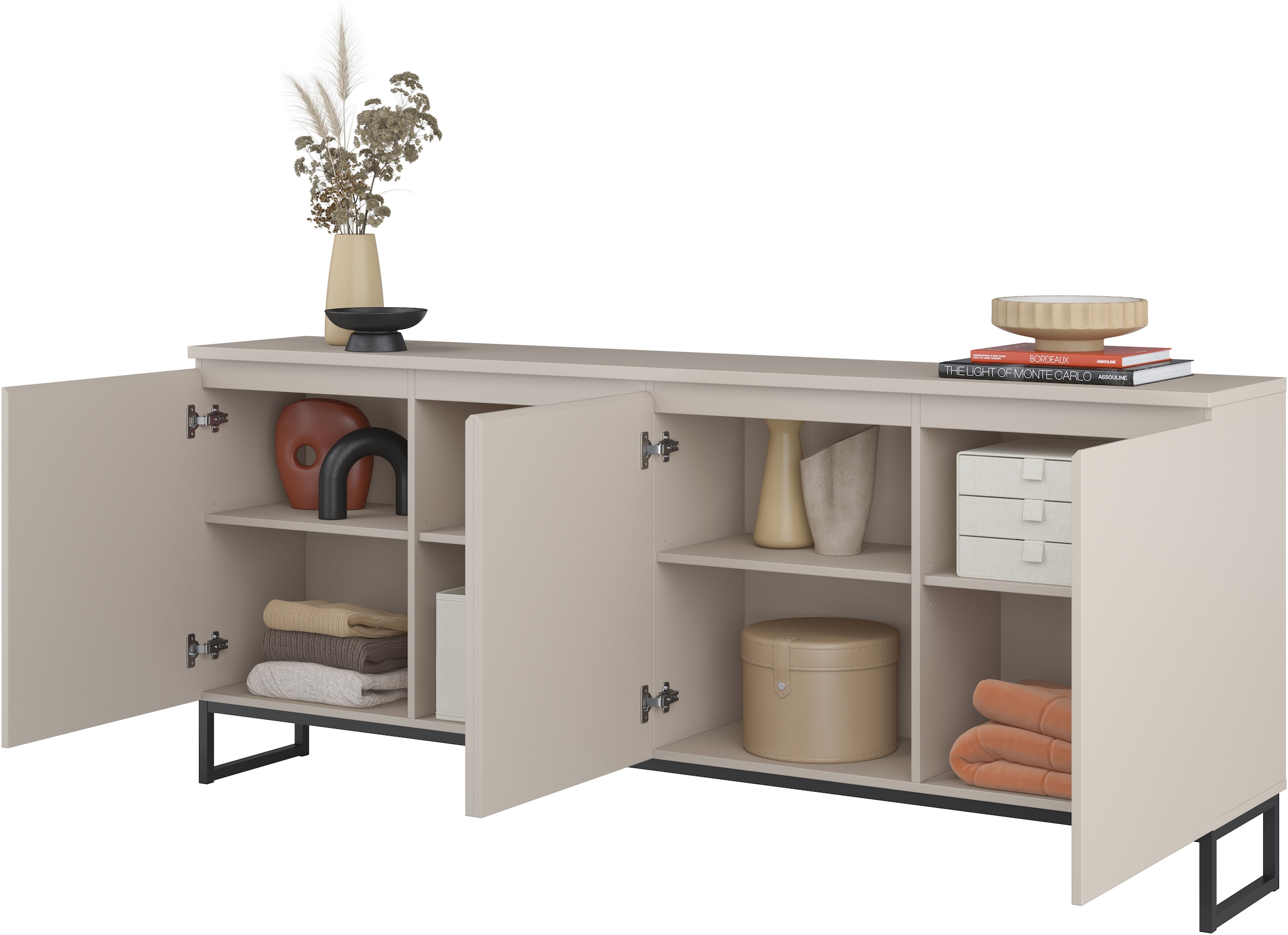 OTTO home Sideboard »Modo II, Breite 200 cm, moderne grifflose Kommode 4Türen« Anrichte mit viel Stauraum, Einlegeböden verstellbar, Metallkufen