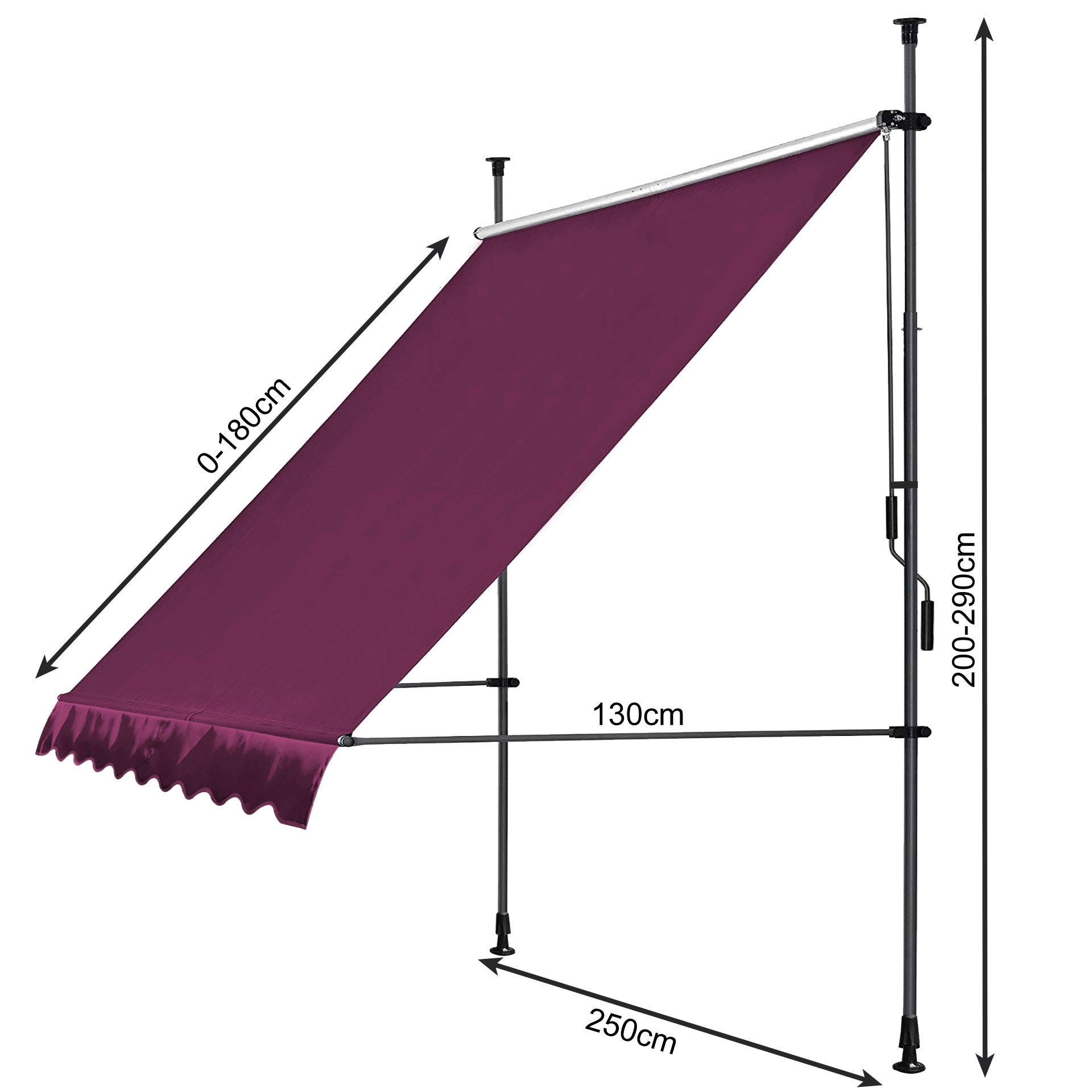 Quick Star Klemm-Senkrechtmarkise, 250 cm Breite, 130 cm Ausfall, Neigungswinkel verstellbar