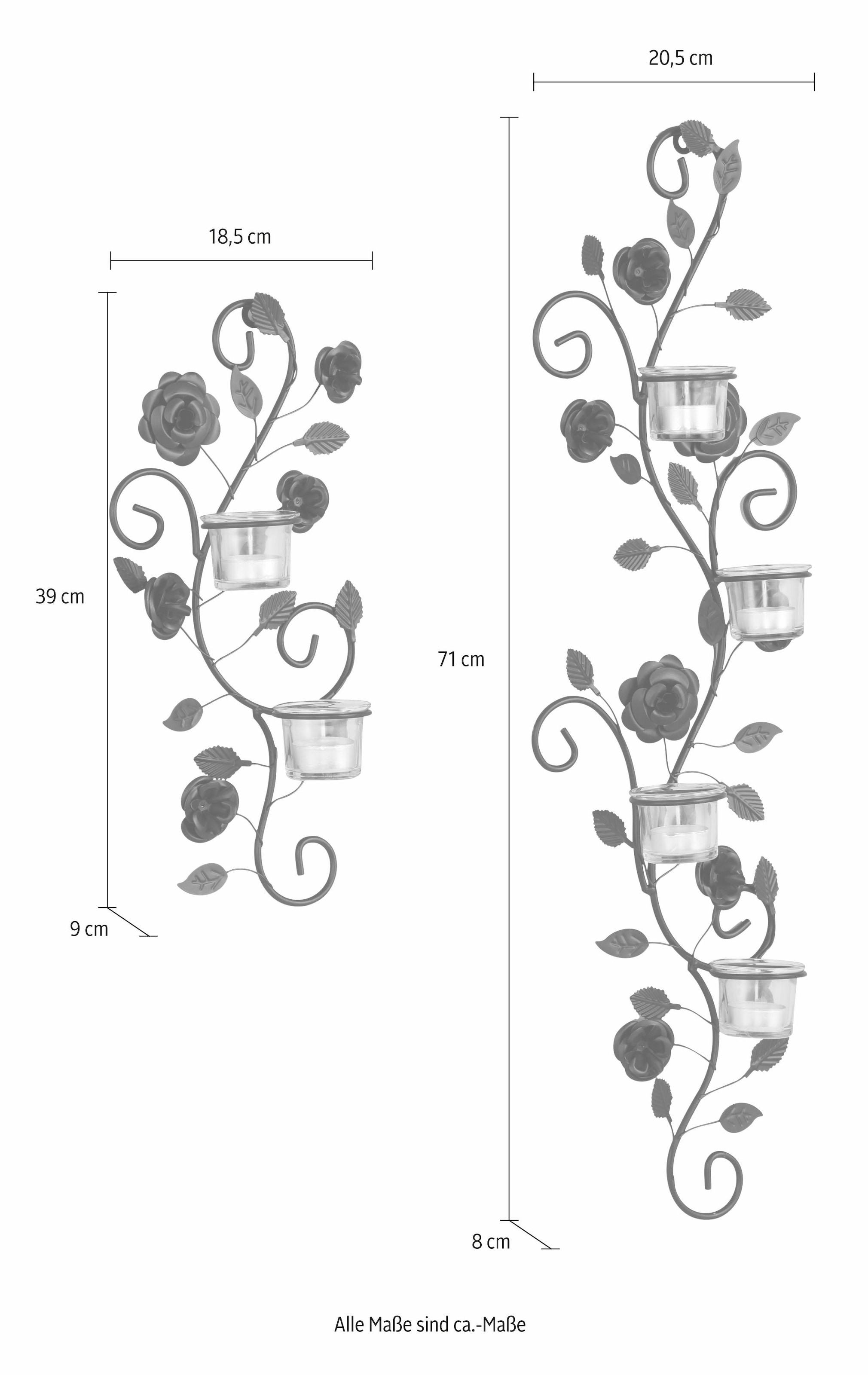 Home affaire Wandkerzenhalter »Blumenranke, schwarz«, (2er-Set), Landhaus, Metall, Glas, schwarz antik