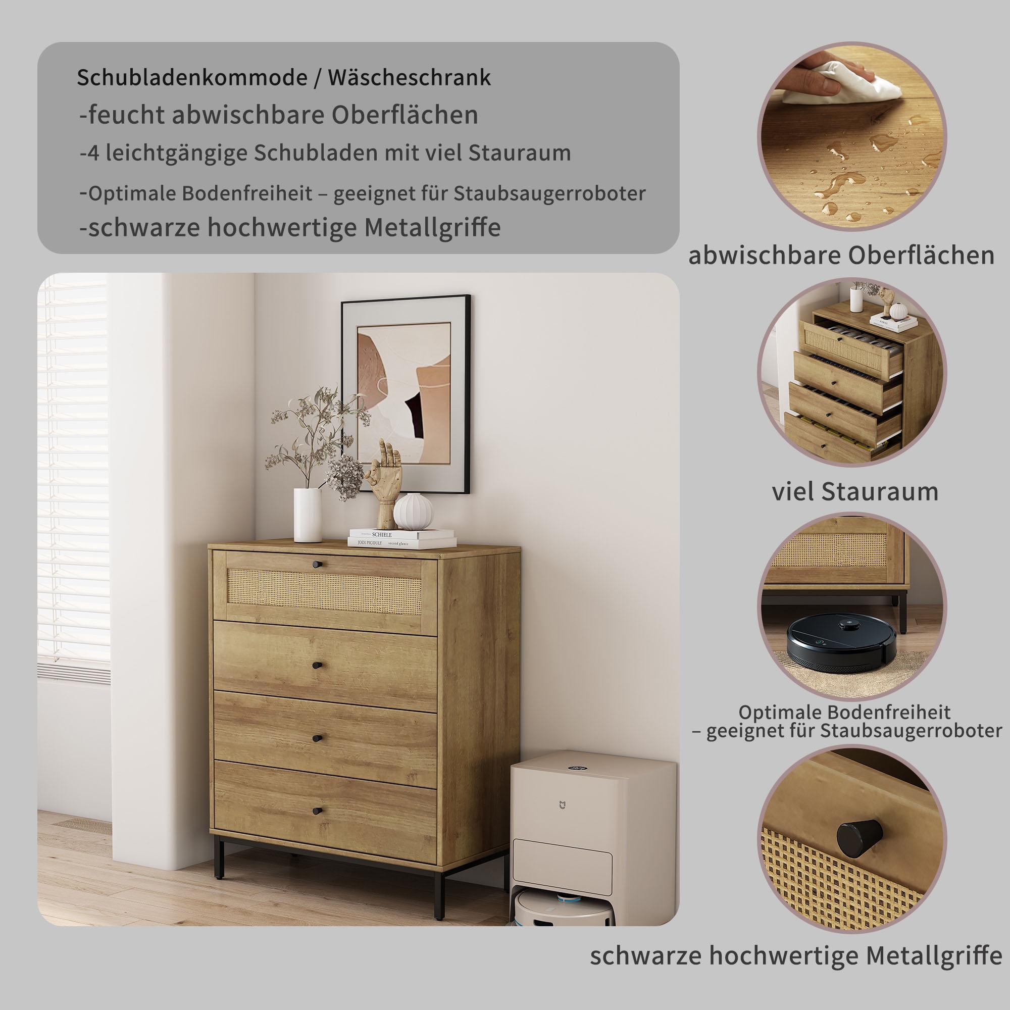 OTTO home Kombikommode »Motala Sideboard Wäscheschrank im BOHO Design Bestseller Kommode« Eichen-Design mit Geflecht Schublade und schwarzen Griffen,  Schrank Schlafzimmer mit 4 Schubladen hochwertig