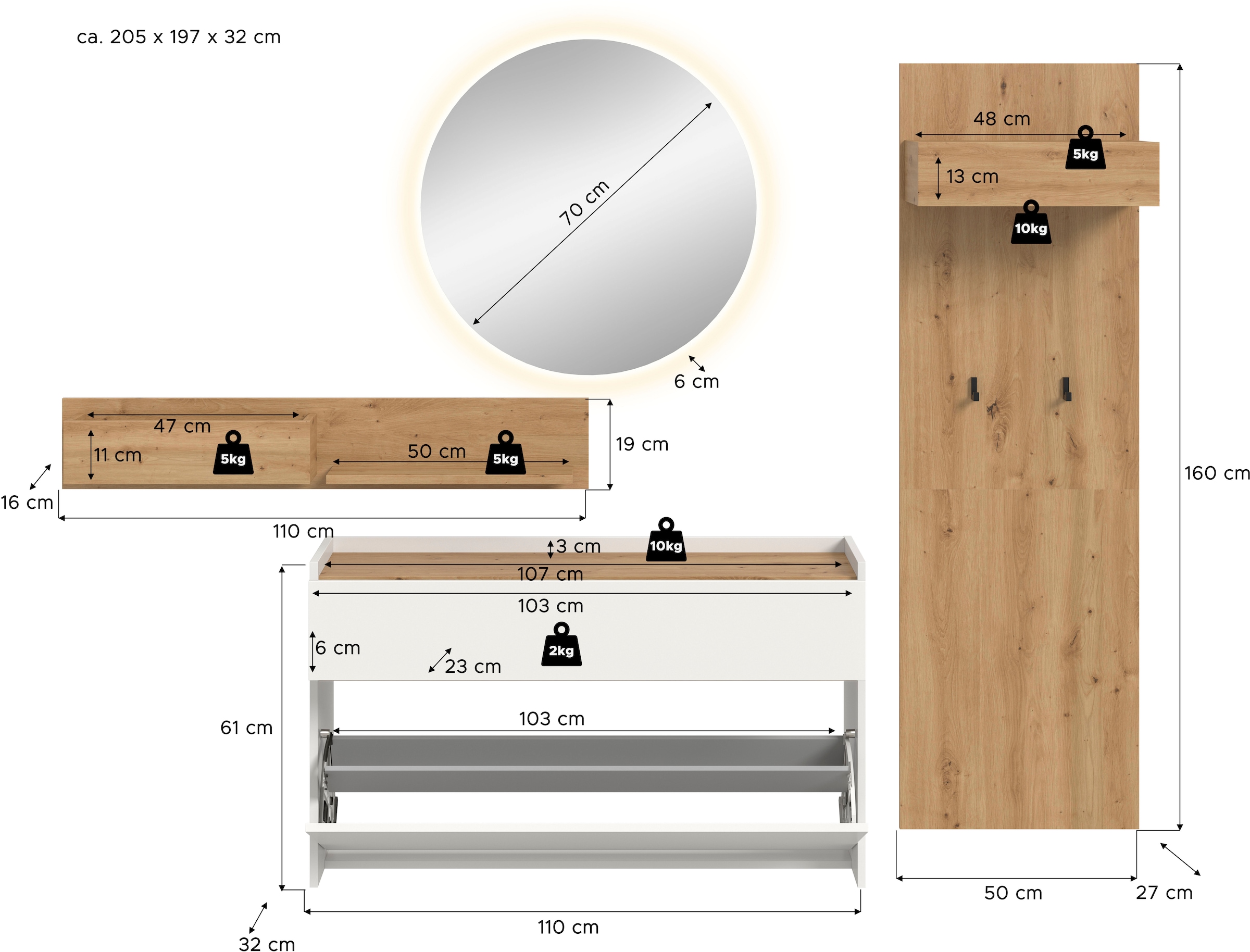 INOSIGN Garderoben-Set »EVRID, 4-teilig, Breite 205 cm, inkl. Beleuchtung« best. aus: Wandboard, Kommode, Spiegel, Garderobenpaneel, 4 Stk. tlg.