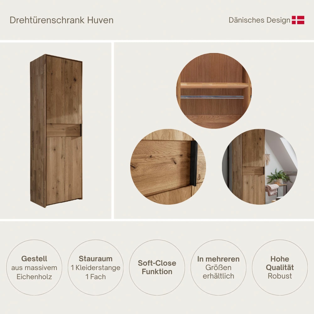 Home affaire Drehtürenschrank »Huven, Kleiderschrank mit viel Stauraum, aus Massivem Eichenholz« Scandi, 218cm Hoch, 1 Kleiderstange & 1 Fach, Bügelgriff & Soft-Close