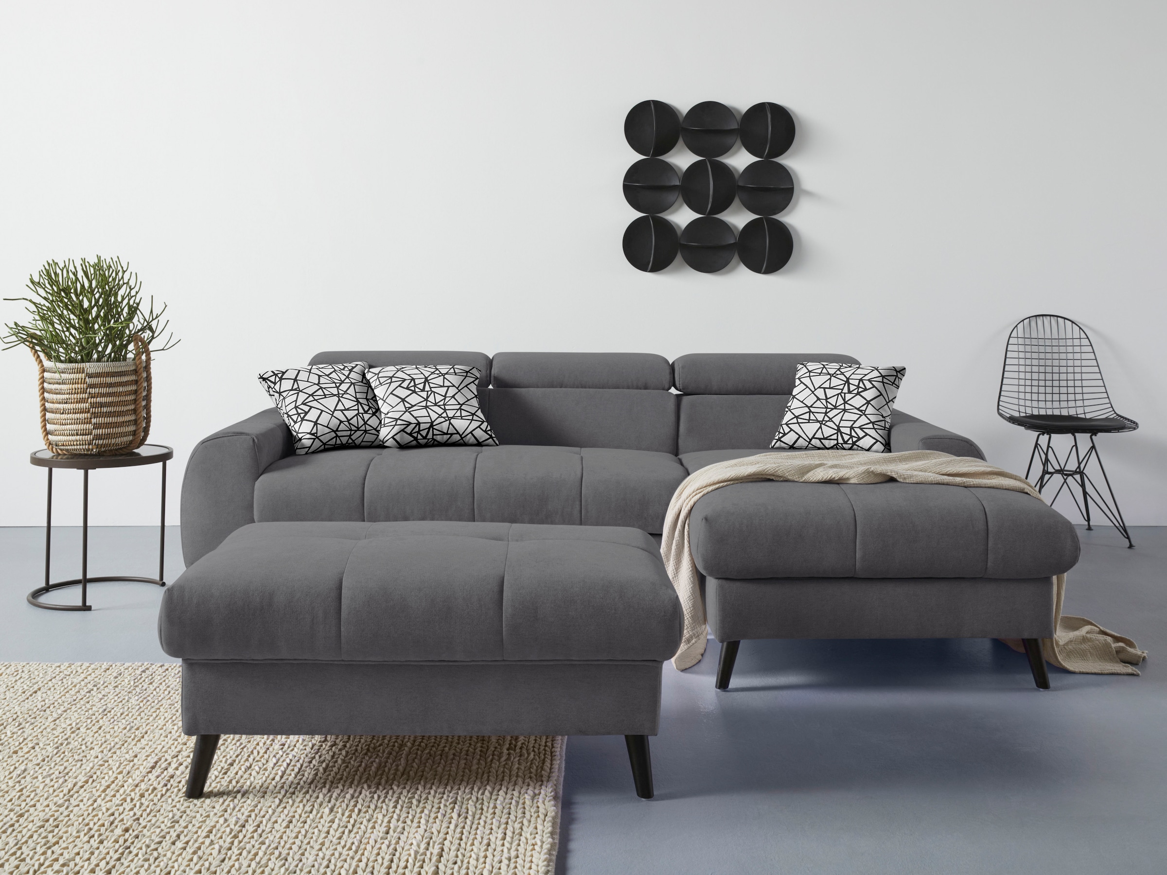 COTTA Ecksofa »Mia L-Form mit 3 Zierkissen«, wahlweise mit Bettfunktion, Bettkasten, Beleuchtung & Wireless-Charger