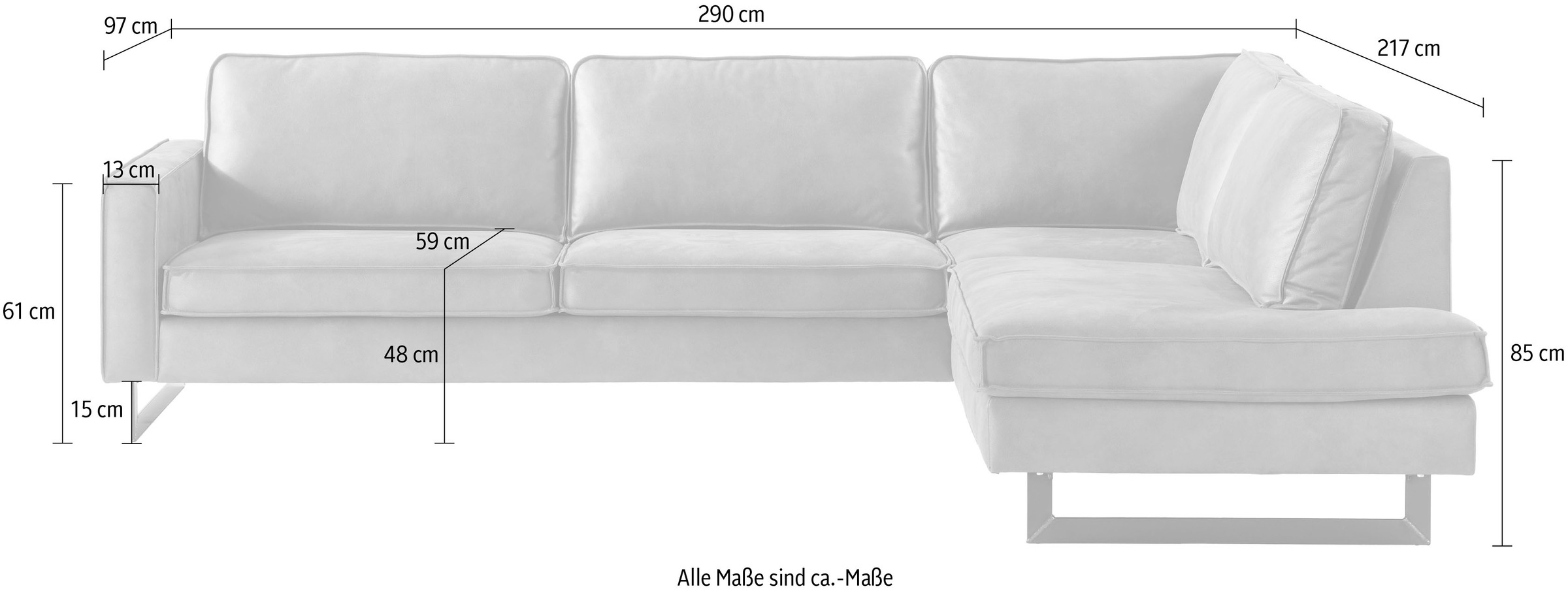 Home affaire Ecksofa »Pinto, 290 cm, Cord, Chenille, Lederoptik, Ottomane links / rechts« mit Keder, schwarze Metallfüße, Wellenunterfederung