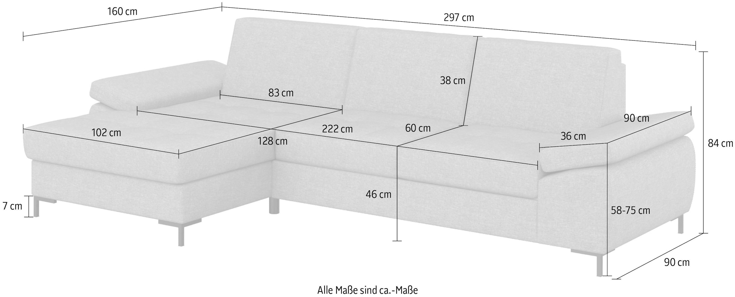DOMO collection Ecksofa »Capelo, komfortabel, klare Linien zeichnen dieses Design aus, L-Form« mit Armteilverstellung, wahlweise mit Bettfunktion, Federkern