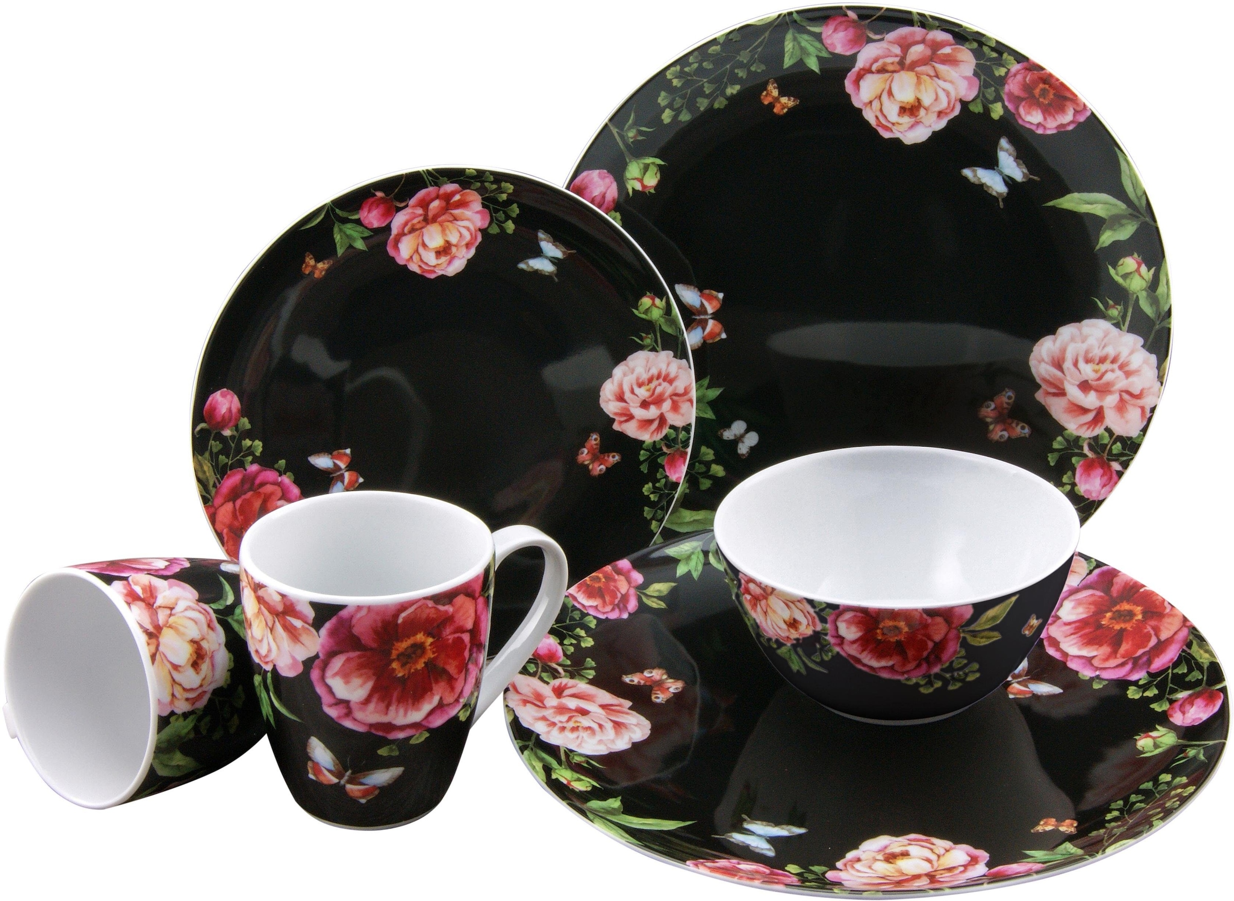 CreaTable Kombiservice »Geschirr-Set Enjoy Roses, schwarz«, (Set, 16 tlg., Kaffeeservice und Tafelservice im Set, für 4 Personen), Service, Made in Europe, 16 Teile, für 4 Personen