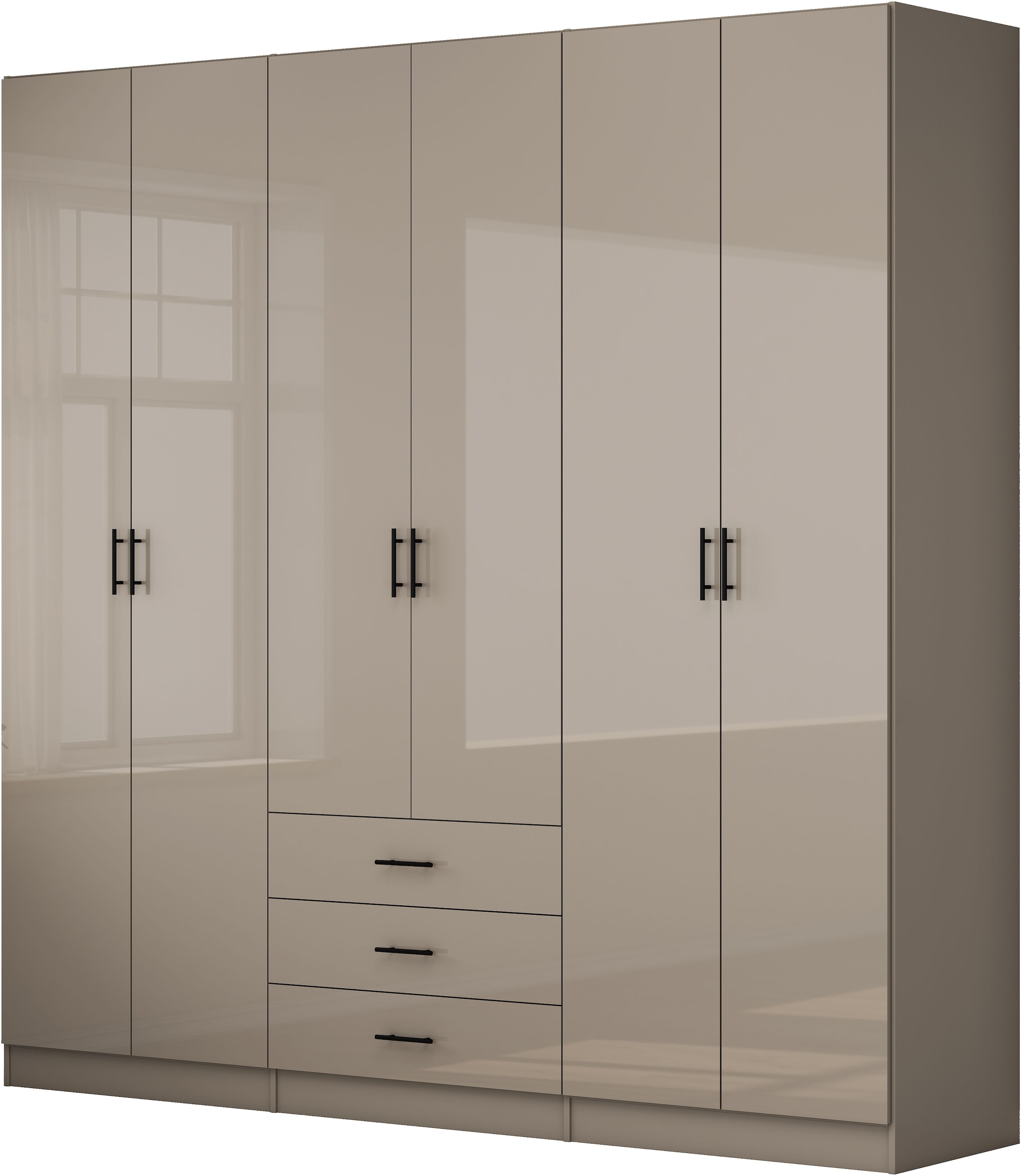 OTTO home Kleiderschrank »Trento Schlafzimmerschrank Garderobe hochglanz« in 2 unterschiedlichen Schrankhöhen wählbar,  Schrank mit 6 Türen und 3 Schubladen, hochglanz Fronten, Höhe 2,39m