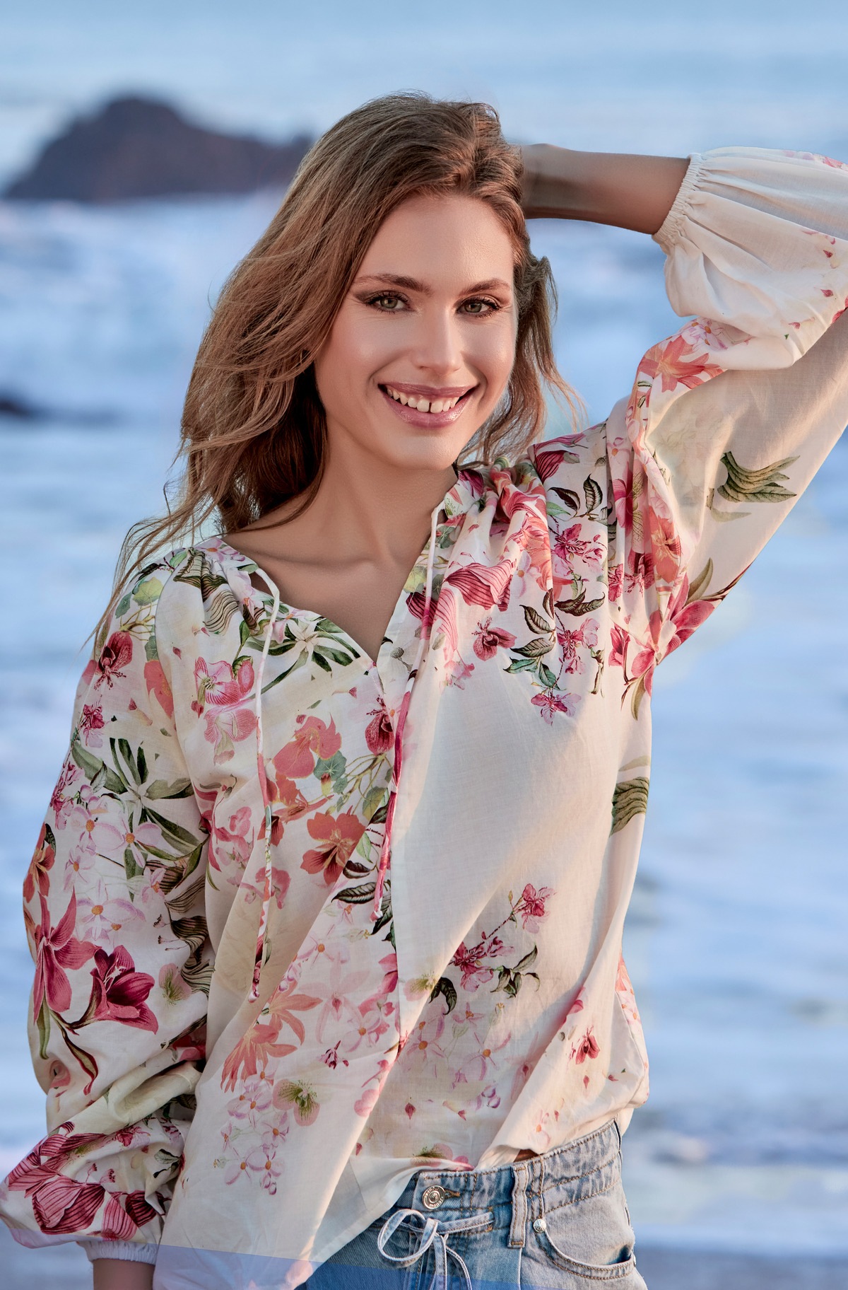 Monari Damen Schlupfbluse mit allover Blumenprint, Größe 44