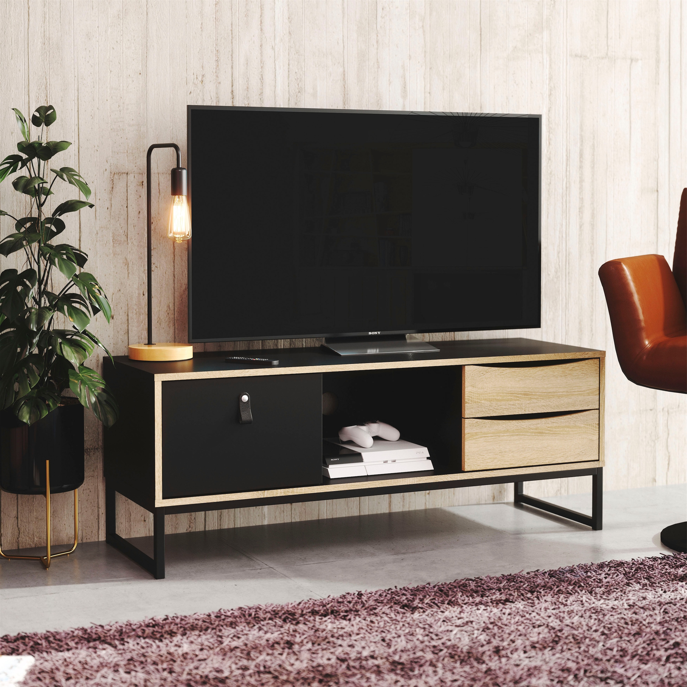 andas TV-Board »Stubbe«, TV-Kommode, Breite 117,2cm, 3 Schubkästen, 1 Ledergriff
