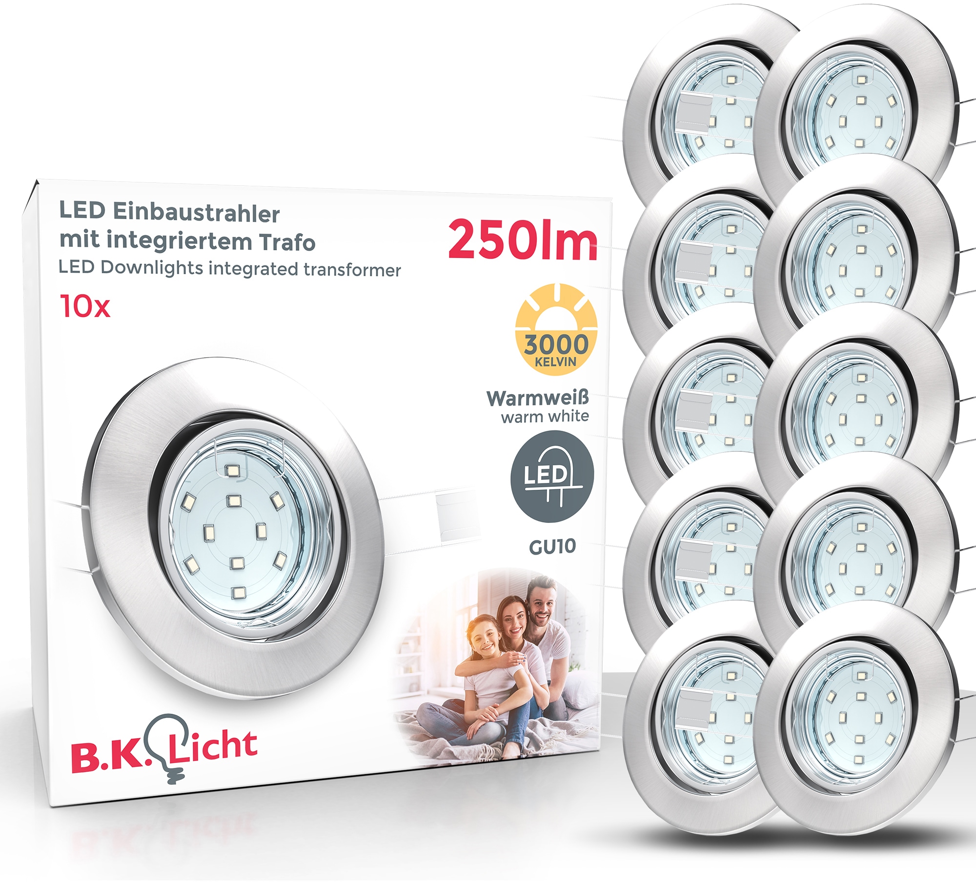 B.K.Licht LED Einbaustrahler, 10er-Set, Schutzart IP23, inklusive LED-Leuchtmittel GU10