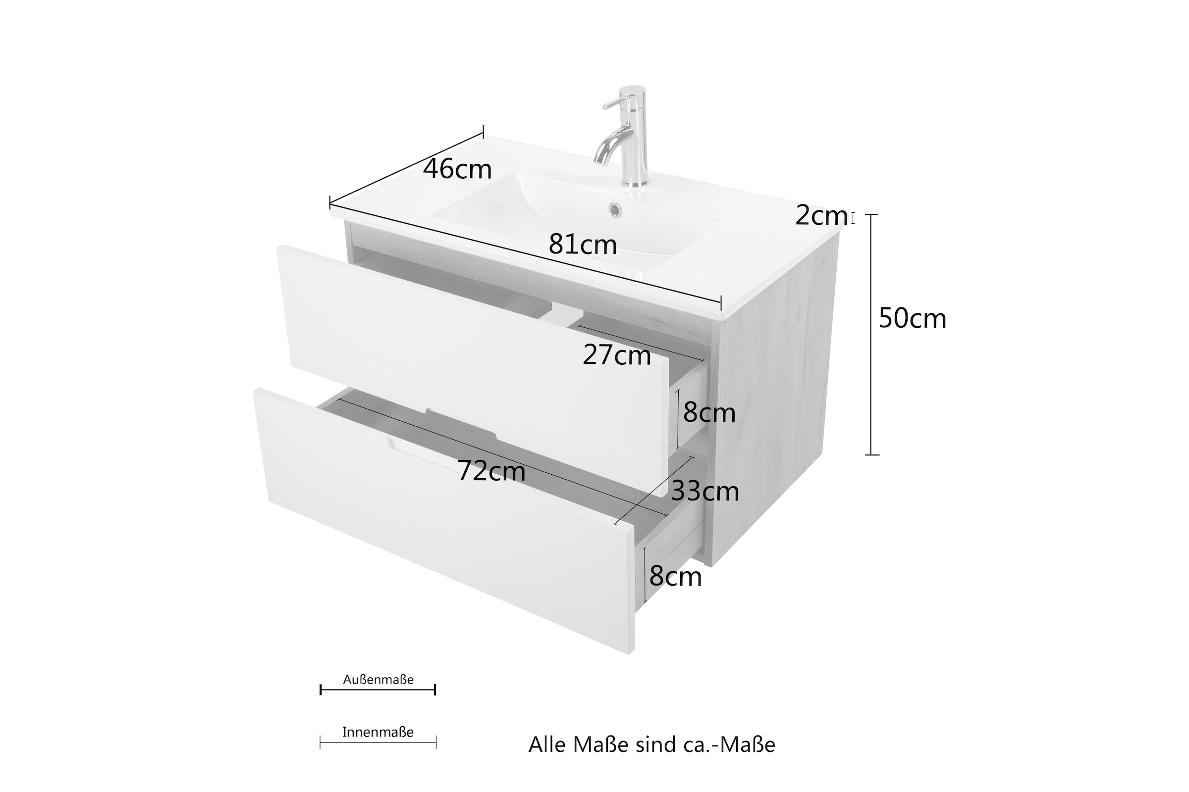 welltime Badmöbel-Set »Lund Badmöbel Set Badschrank Badezimmerset«, (Komplett-Set, 3 St.), Waschtisch, Spiegelschrank und Becken Breite 80cm