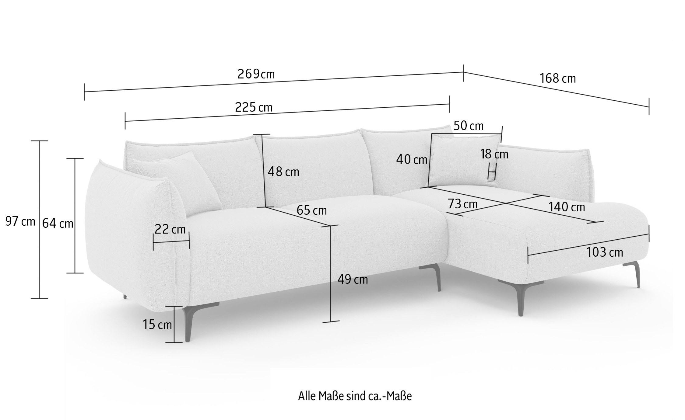 LeGer Home by Lena Gercke Ecksofa »Adelita mit Ottomane links oder rechts bestellbar, B/H/T 270/97/168« L-Form mit Wellenunterfederung, enthält 2 Zierkissen