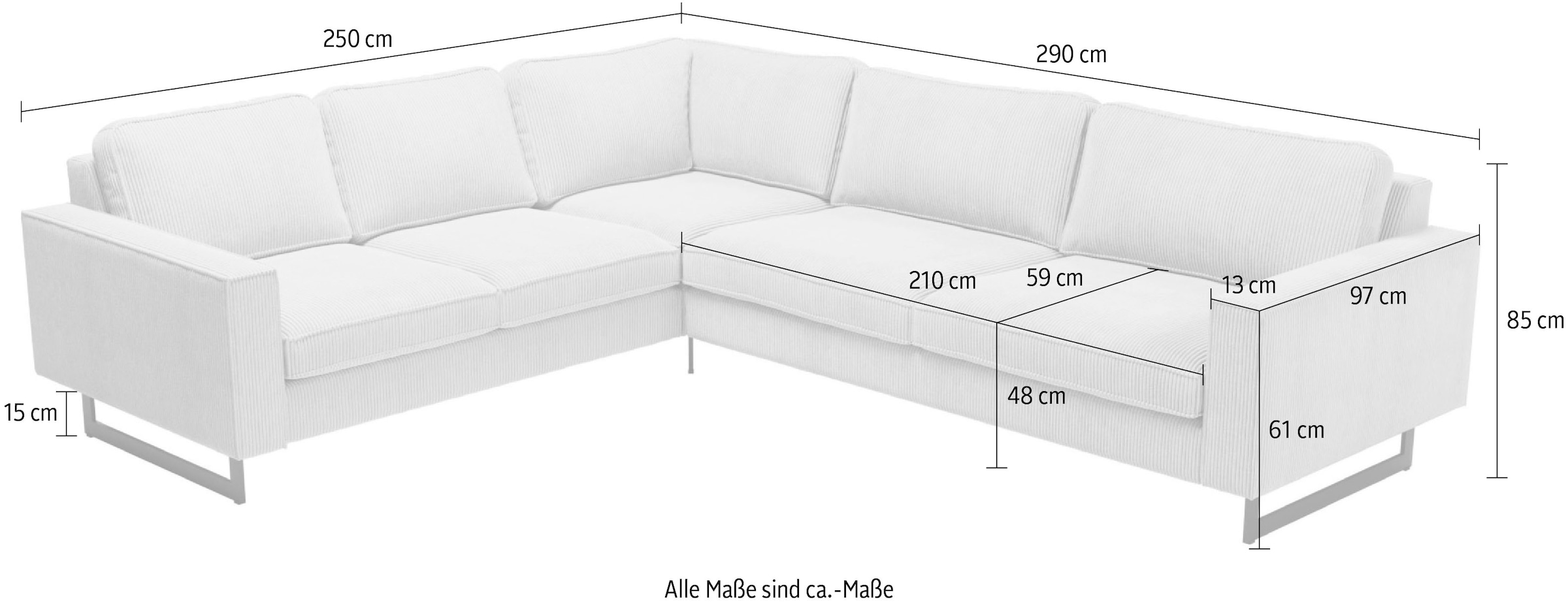 Places of Style Ecksofa »Pinto, 250/290 cm, langer Schenkel, XXL, Ottomane«, Cord, Feincord, Luxus-Microfaser Leder und Chenille