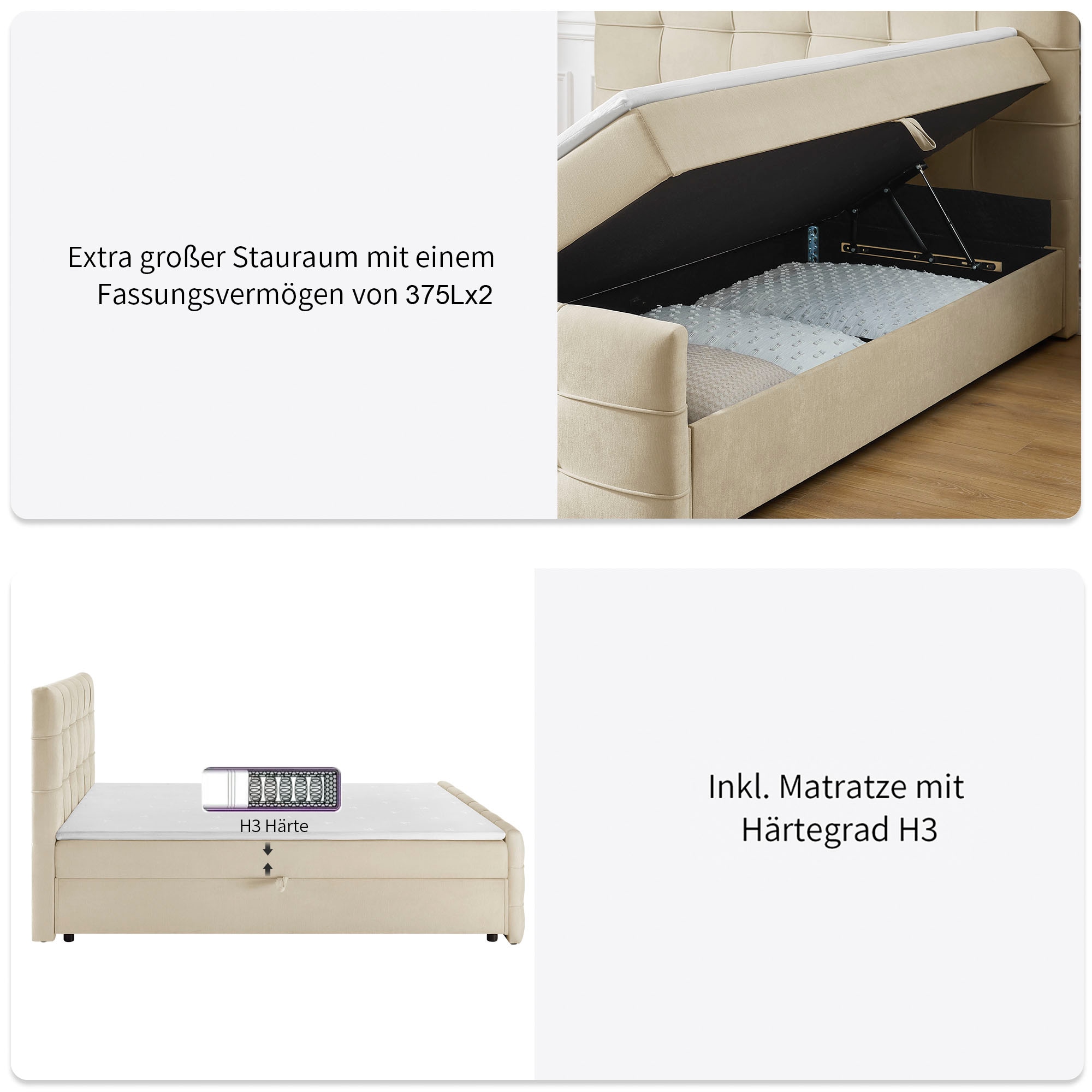 OTTO home Boxbett »LILIENNE, Polsterbett mit Bettkasten und Taschenfederkernmatratze H3« mit Kaltschaumtopper, Chenille-Bezug, 160x200 & 180x200 cm