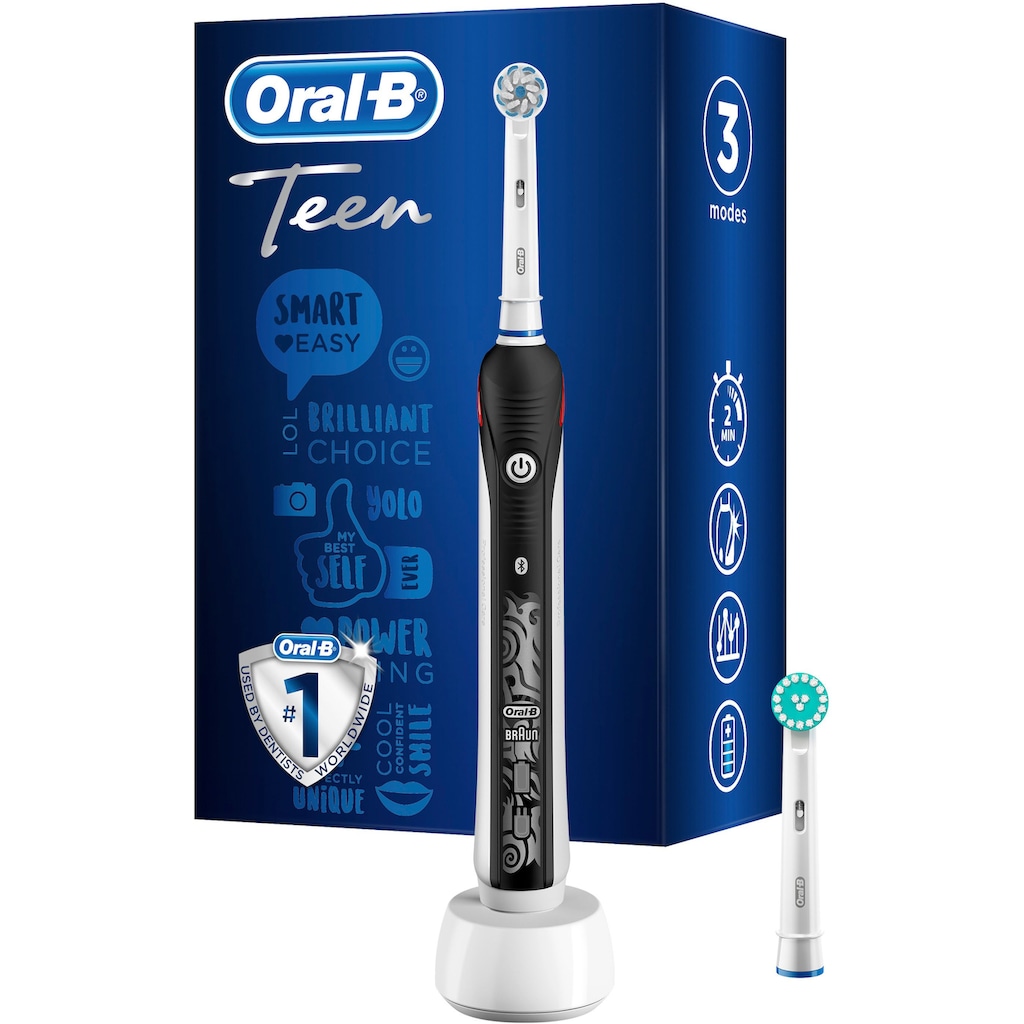 Oral-B Elektrische Zahnbürste »Teen Black«, 2 St. Aufsteckbürsten, mit visueller Andruckkontrolle