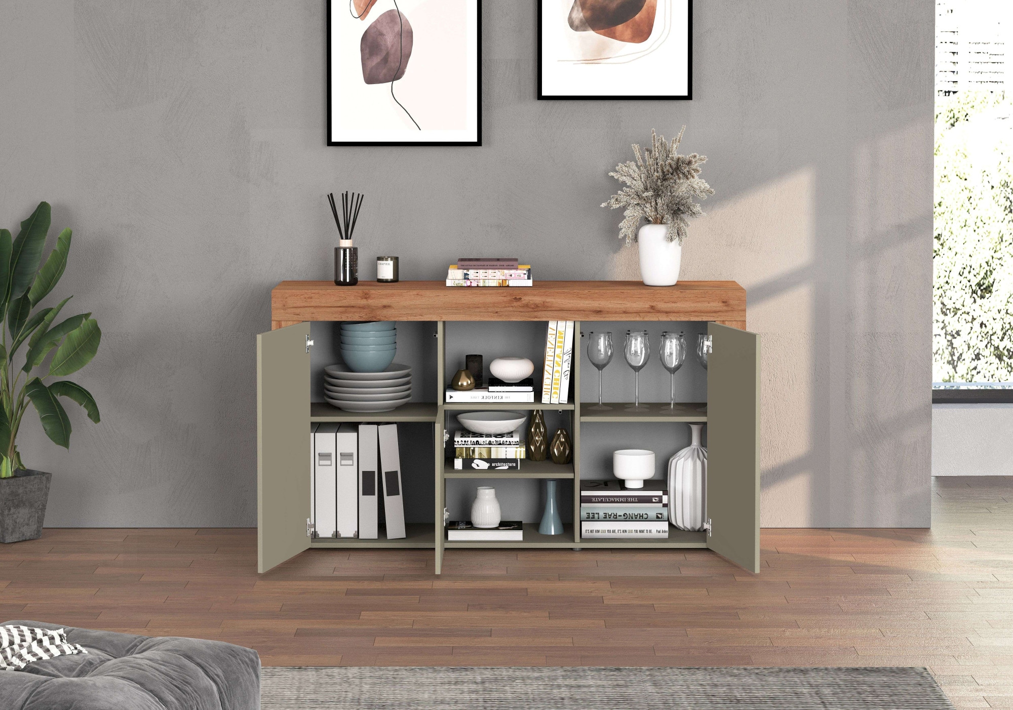 INOSIGN Sideboard »CHRONOS Breite 155 cm mit 3 Türen, 1 offenes und 6 geschlossene Fächer«, (1 St.), Sideboard,Kommode, Schrank, Grifflos mit Push to Open, Made in Italy
