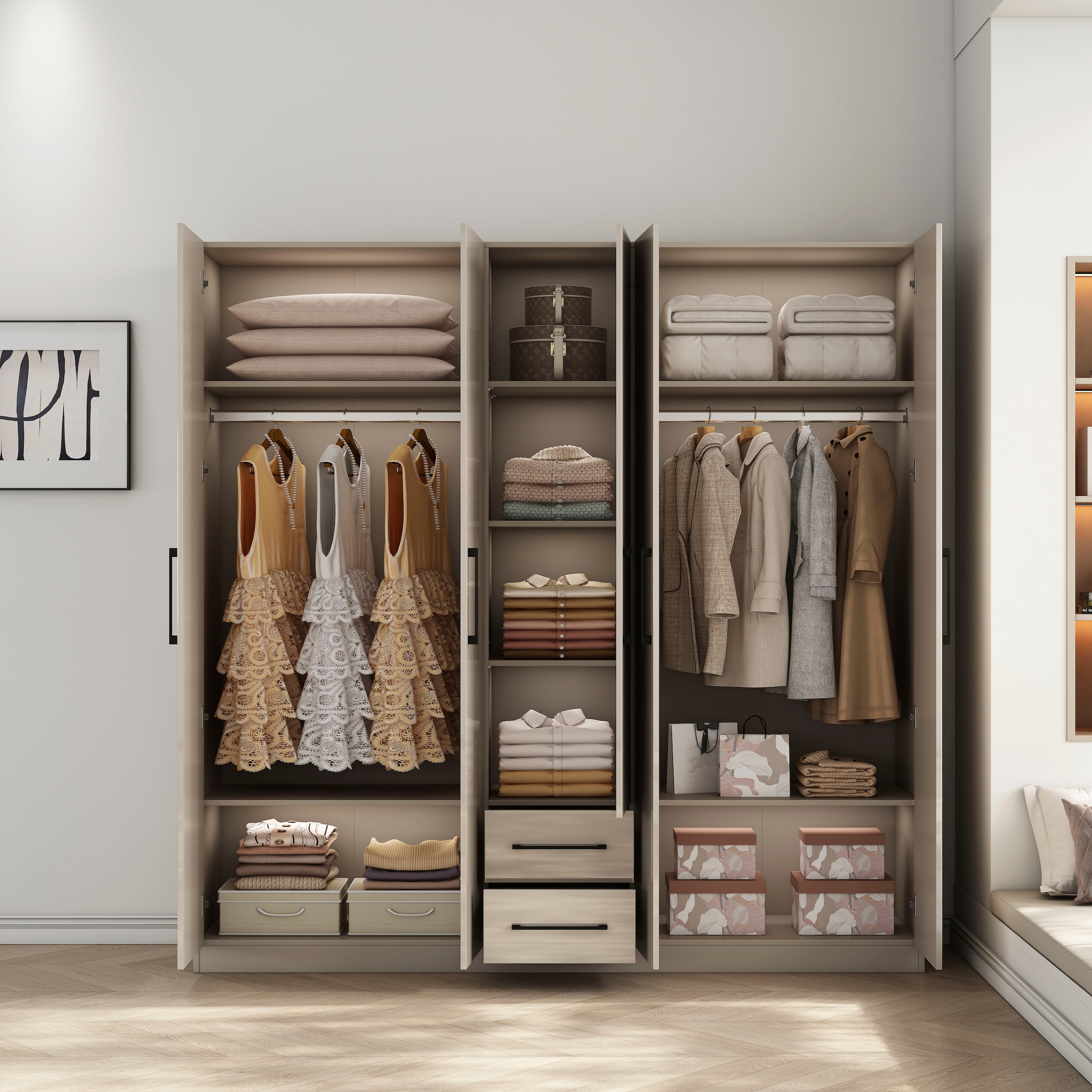 OTTO home Kleiderschrank »Sylt Schlafzimmerschrank Garderobe Schrank TOPSELLER in hochglanz weiß« 5 Türen, 2 Schubladen, schwarze moderne Griffe, 7 Einlegeböden,  Drehtürenschrank mit perfekter Innenausstattung, Breite 200cm