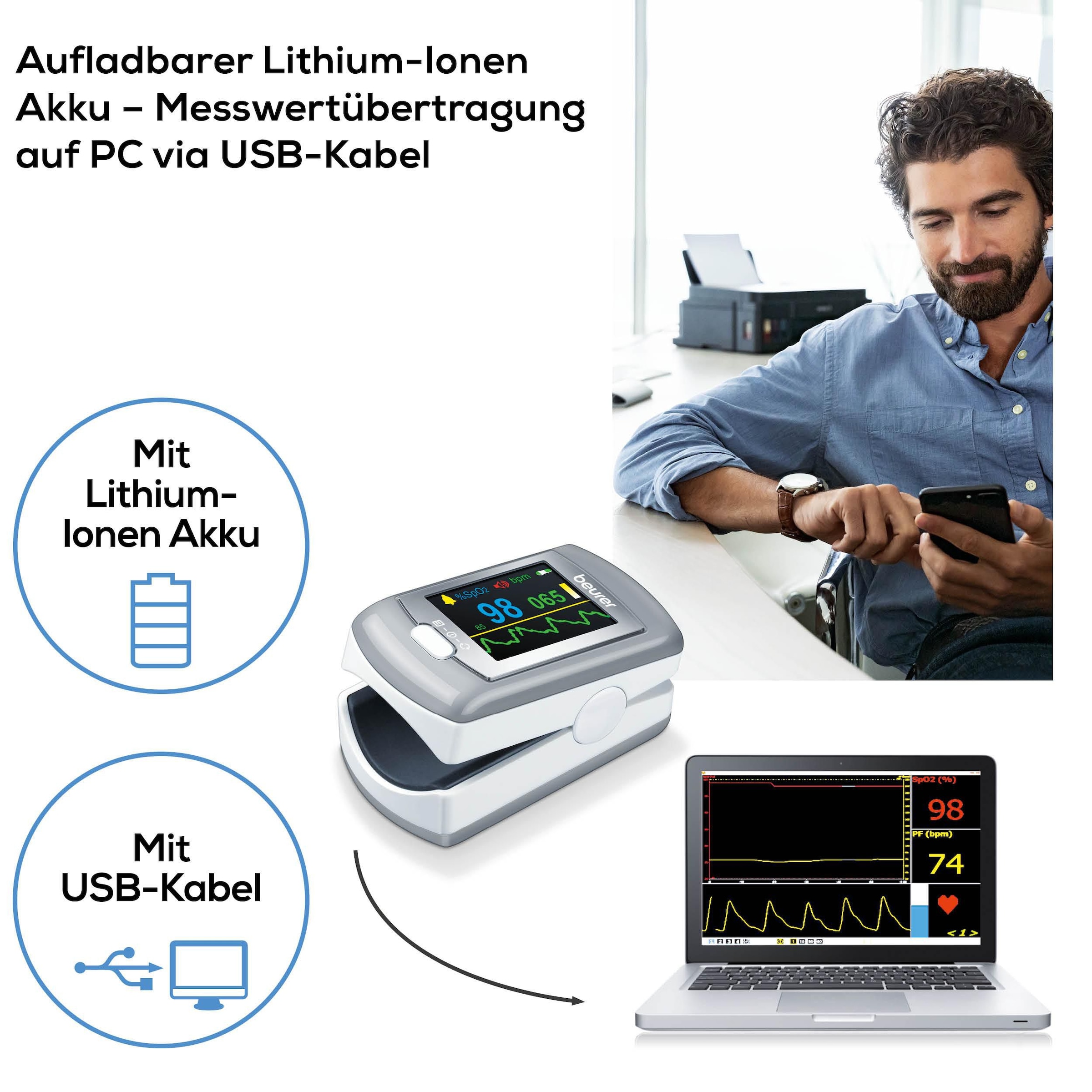 BEURER Pulsoximeter »PO 80 zur Messung der Sauerstoffsättigung und Herzfrequenz«, Mit Akku, aufladbar über USB oder Steckernetzteil