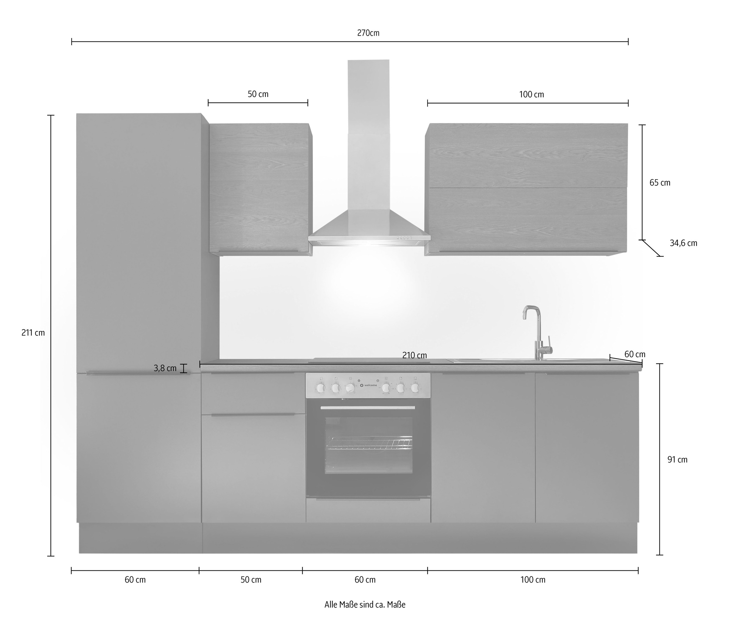 KOCHSTATION Küchenzeile »Cocco B/H/T 270x211x60 cm« Breite 270 cm, wahlweise mit E-Geräten und Induktion