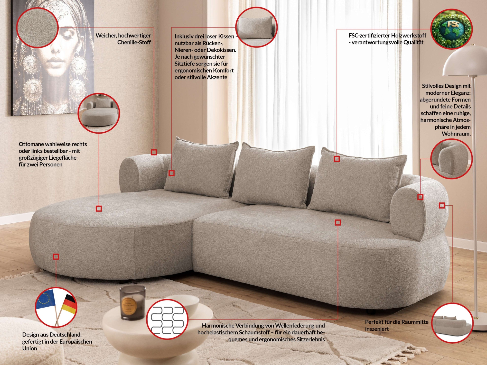 Home affaire Ecksofa »LUSSAC L-Form Design-Sofa mit Zierkissen, Maße B/T/H: 257/159/78 cm« hoher Sitzkomfort und modernes Design, Sofa ohne Bettfunktion