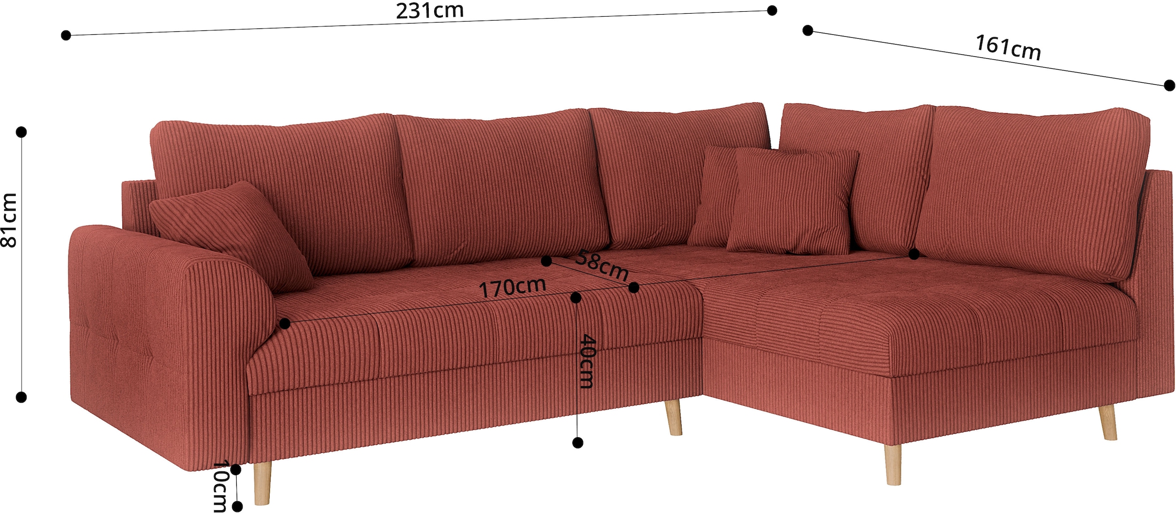 Home affaire Ecksofa »CHARRE L-Form mit Ottomane, Maße B/T/H: 231/161/81 cm«, feine Steppung, lose Rücken- und Zierkissen, auch in Cord und Bouclé
