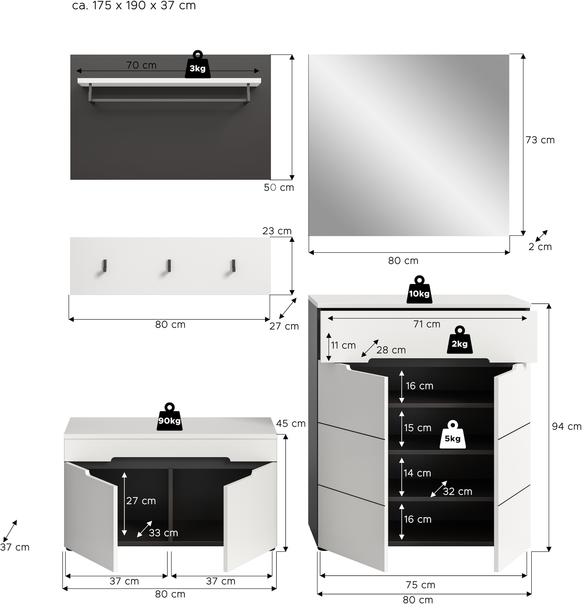 Home affaire Garderoben-Set »REHAT, TOPSELLER!, 5-teilig, Breite 175cm, individuell stellbar« bestehend aus: Sitzbank, Paneel, Hakenleiste, Spiegel, Kommode, 4 Stk. tlg.