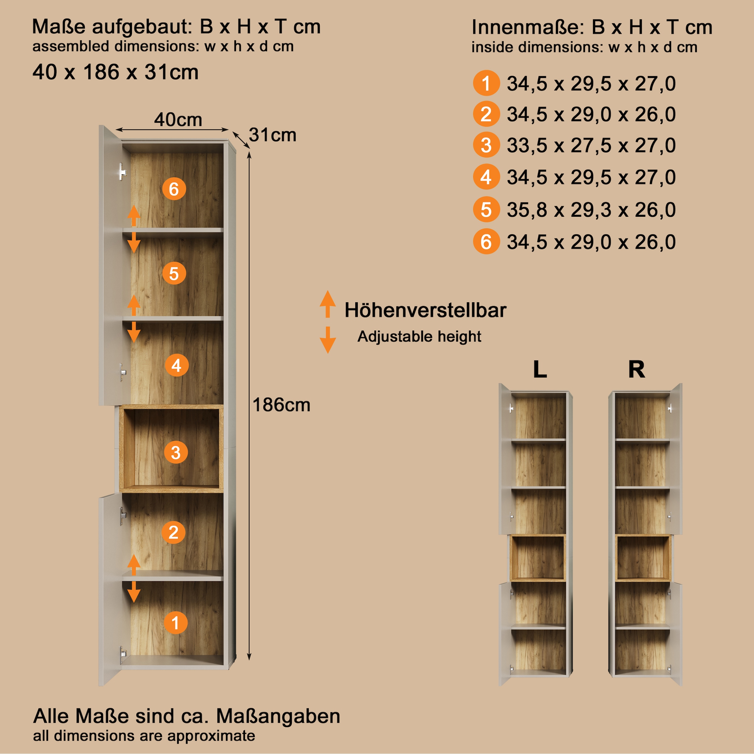 welltime Hochschrank »San Pedro«, (1 St.), Badezimmerschrank mit Soft-Close-Funktion - Maße (B/T/H) 40/31/186 cm