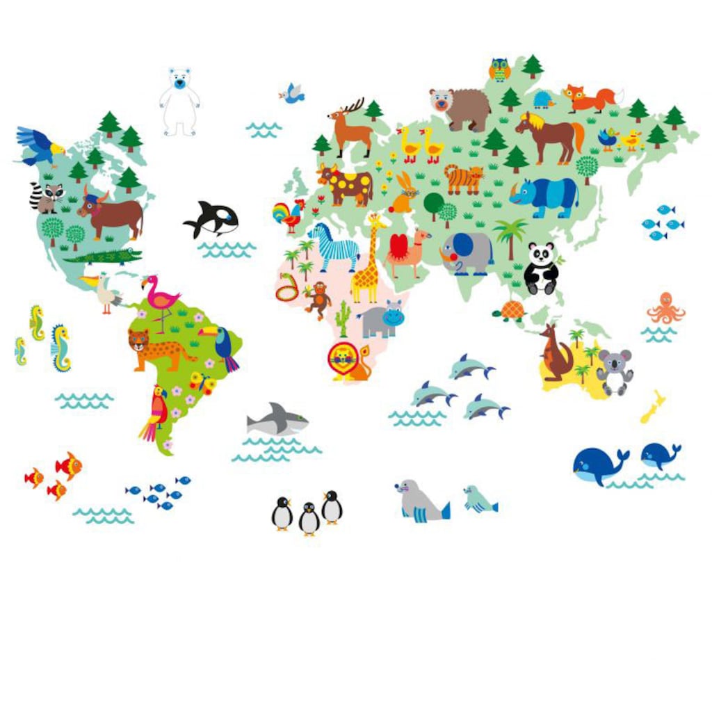 Wall-Art Wandtattoo »Kinder Tierwelt Weltkarte bunt«, (1 St.)