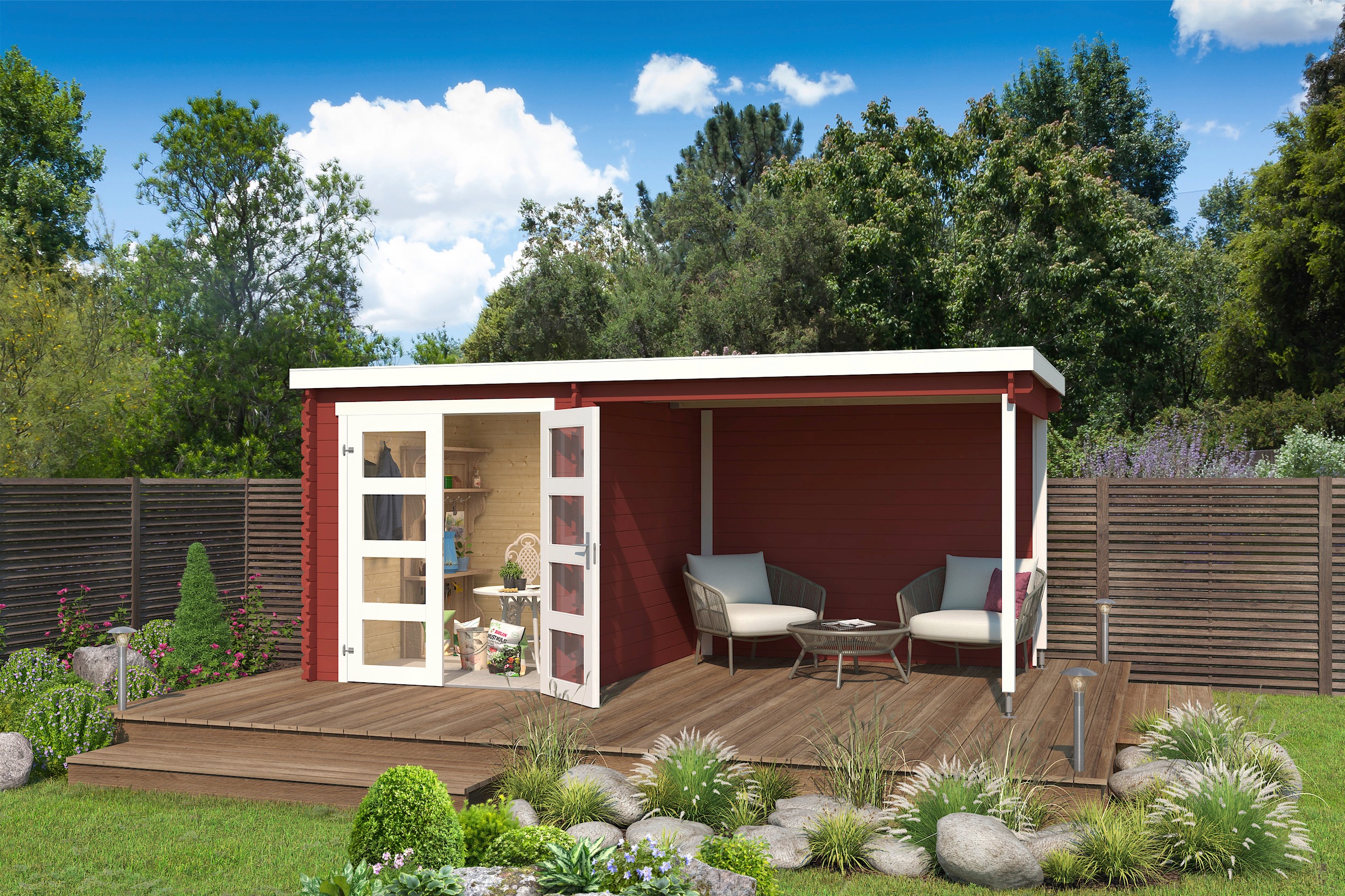 LASITA MAJA Gartenhaus »Long Beach«, (Set), Blochbohlenhaus 28mm Anbau, Fundamentmass 4722x2300, Schwedenrot