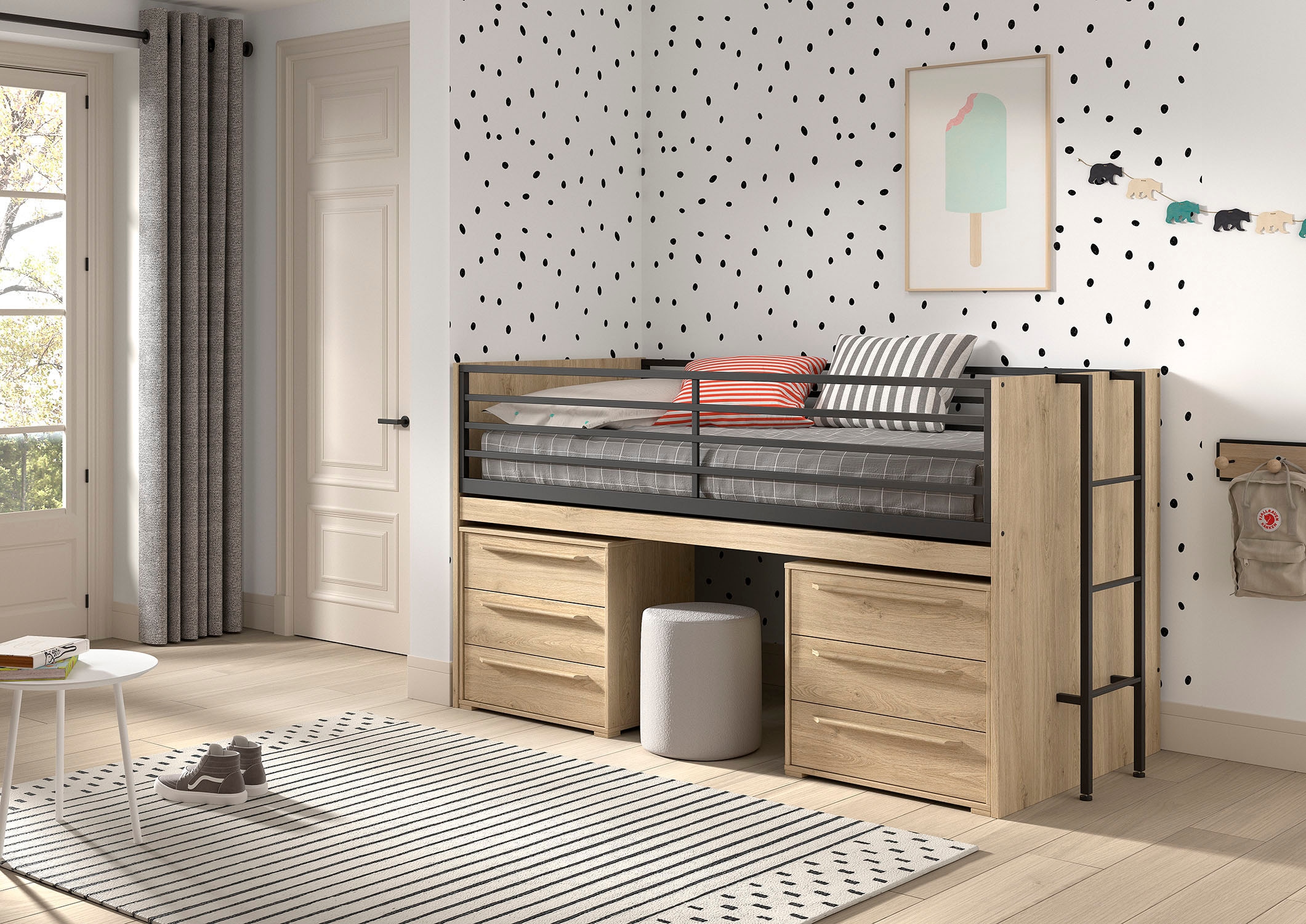 Vipack Stauraumbett »Sam, schlafen und arbeiten in einem, wahlweise Eiche- oder Weiß-Dekor« Liegefläche 90x200 cm, darunter eine große ausziehbare Schreibplatte,  mit Absturzschutz, Leiter u. Stauraum, pflegeleichte Dekor Oberfläche