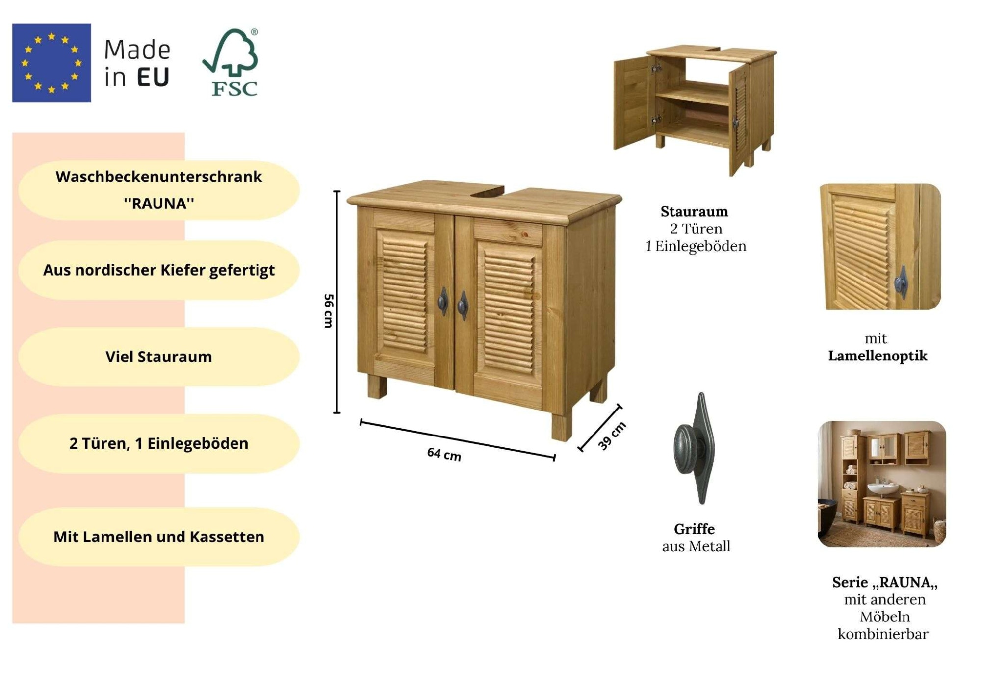 OTTO home Waschbeckenunterschrank »Rauna« aus massiver Kiefer, Breite 64 cm, Rillenoptik, made in EU