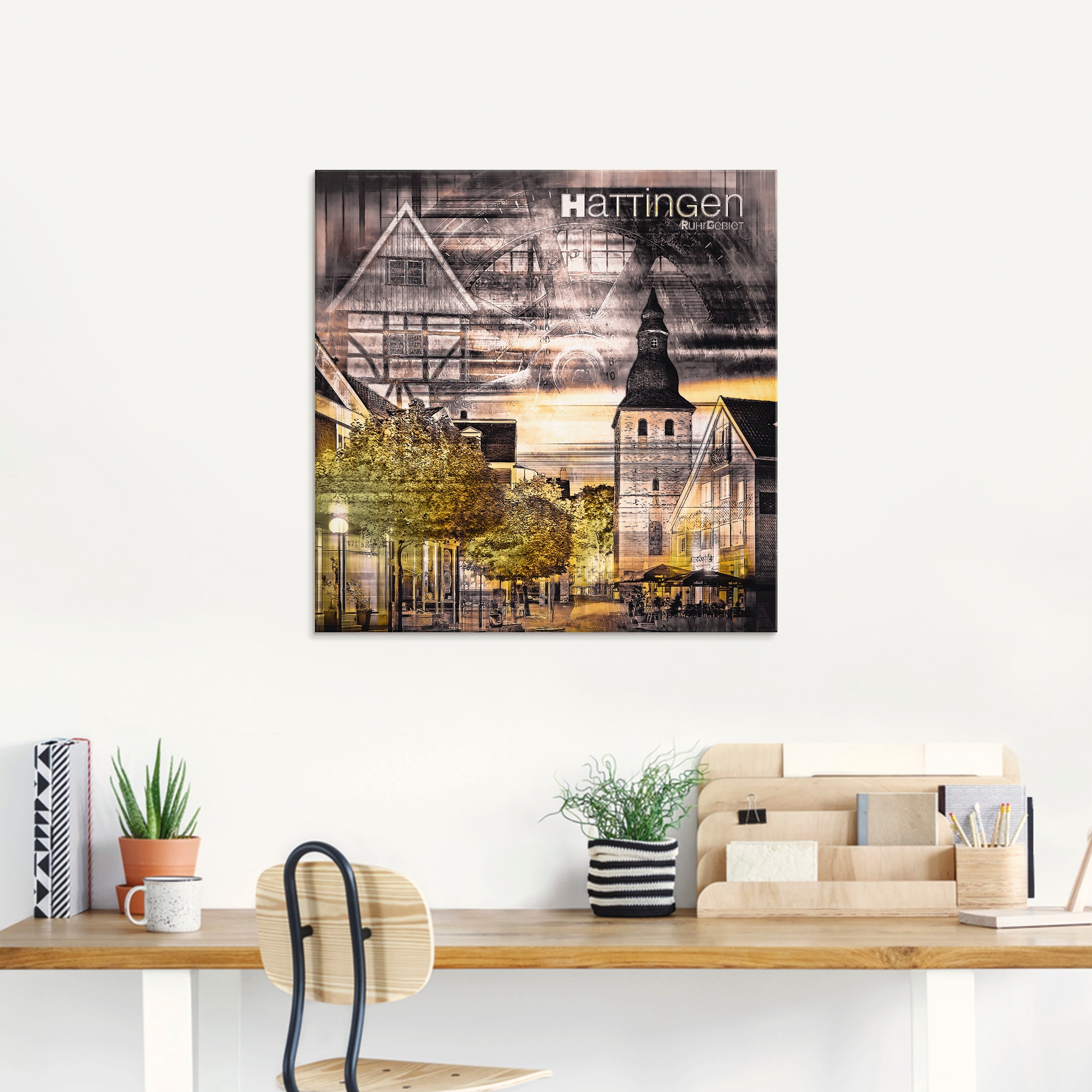 Artland Glasbild »Hattingen Skyline Abstrakte Collage«, Gebäude, (1 St.), in verschiedenen Größen