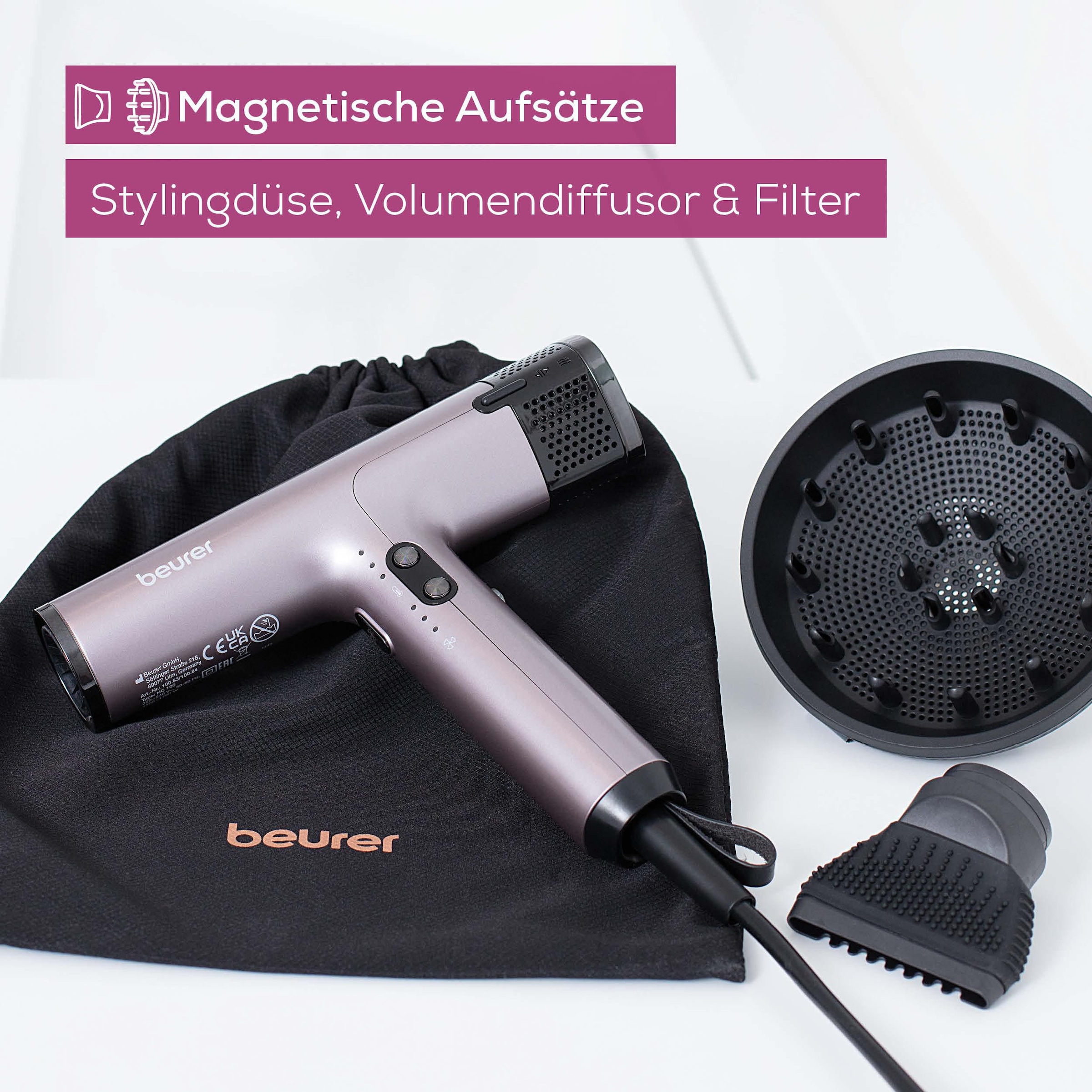 BEURER Haartrockner »HC 100 Premium mit leistungsstarkem Motor und 1700 Watt«, 1700 W, 2 Aufsätze, Schnelles Trocknen der Haare, leichtes Gewicht (nur 360 g ohne Kabel)