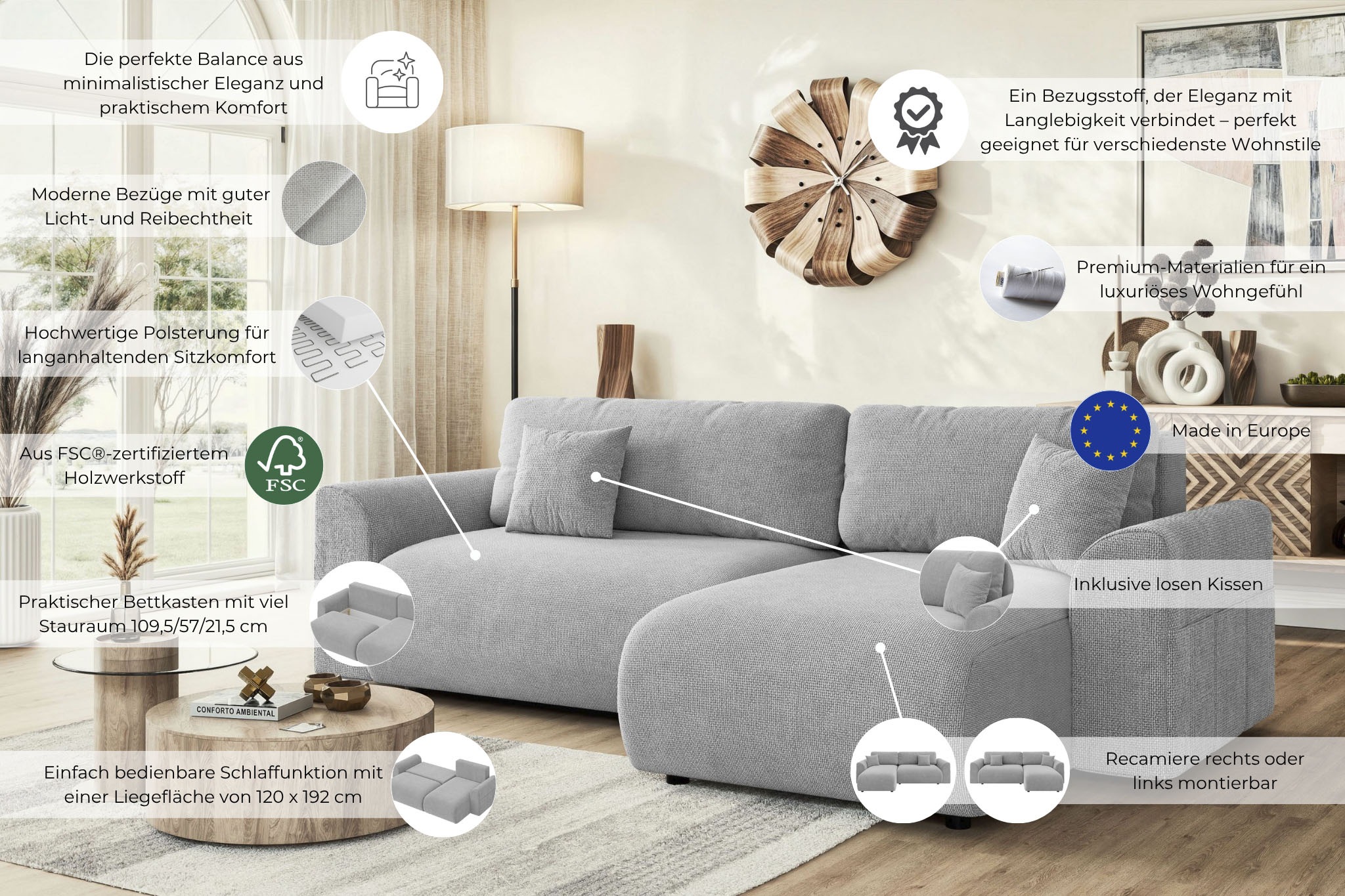 Home affaire Ecksofa »VasbySuyal Schlafsofa 235cm L-Form mit Recamiere beidseitig montierbar« Designsofa mit Bettfunktion und Bettkasten, Maße B/T/H: 235/138/80 cm