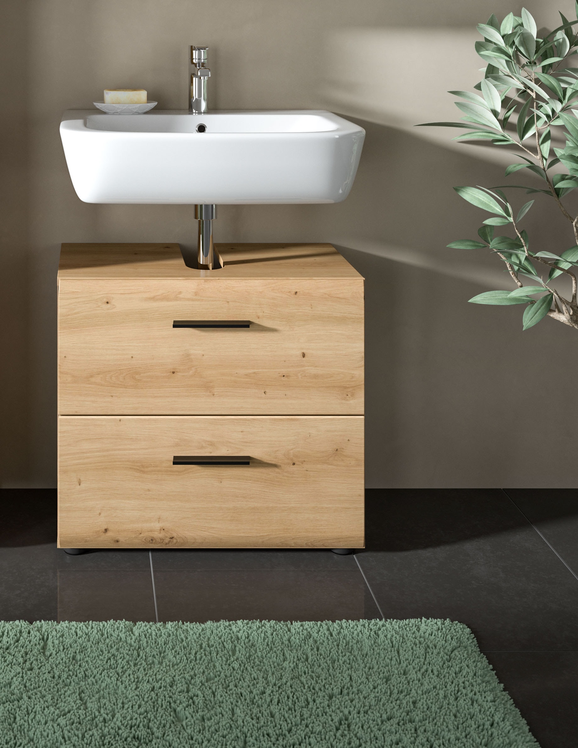 INOSIGN Waschbeckenunterschrank »FLORENZ, TOPSELLER!, Breite 60 cm, 2 Schubkästen,ink. Siphonausschnitt«, (1 St., TOPSELLER!), hochwertige MDF Front, Griff schwarz, Badschrank, Bad