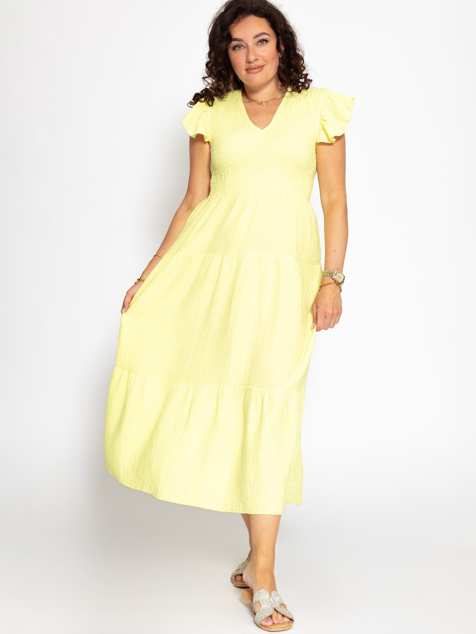 SASSYCLASSY Maxikleid »Maxi Musselin Kleid mit Volants und Flügelärmel« Sommerliches Kleid aus Musselin mit Flügelärmel Gelb Schwarz Pink