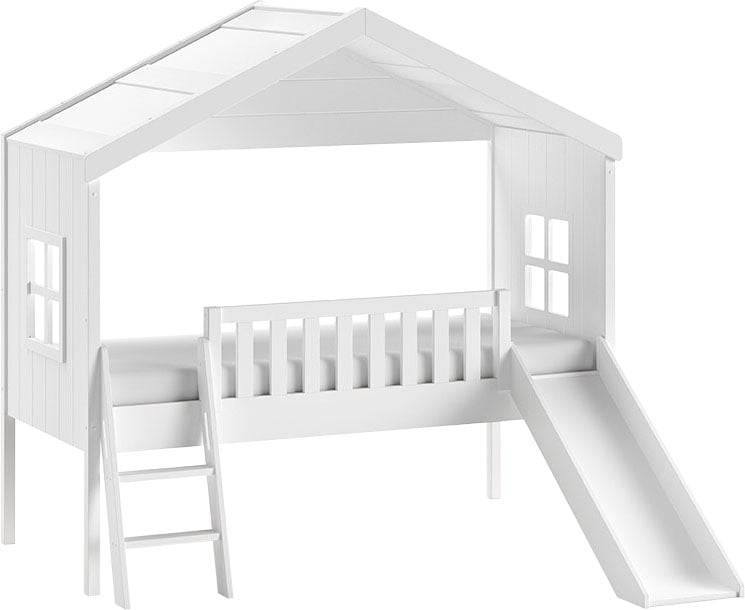Vipack Hausbett »Kiefer massiv weiß lackiert, Made in Europe, stabil gebaut«, (B/H/T ca. 213x201,8cm, wahlweise mit und ohne Rutsche), mit Leiter, seitliche Fenster, Rolllattenrost und Absturzschutz