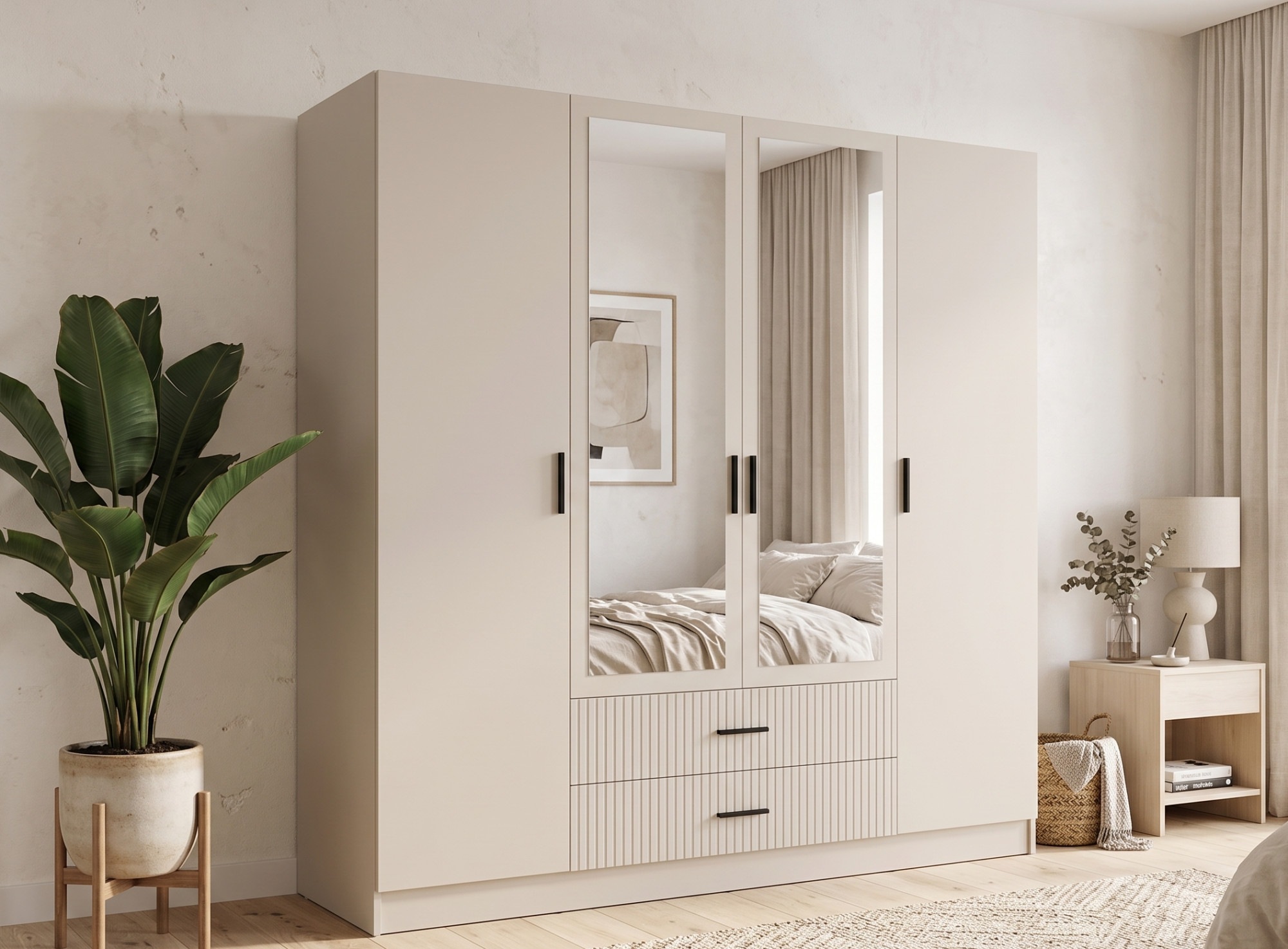 OTTO home Kleiderschrank »TERRIK,  modern mit viel Stauraum & geriffelter Struktur, Spiegel« B/H/T ca. 200/200/60,  Schrank mit 11 Fächern, Kleiderstange, 2 Schubladen, Made in EU