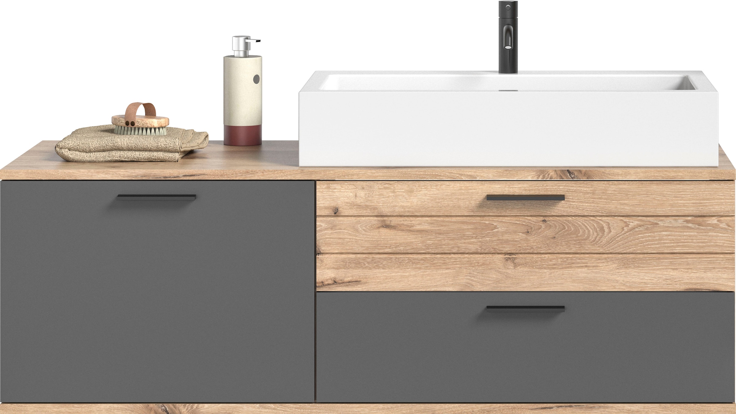 INOSIGN Badmöbel-Set »Riga, 3 teilig, inklusive Keramik-Aufsatzwaschbecken, bestehend aus:«, (Set, 3 St.), Waschtisch-Set, Hängeschrank, Badspiegel