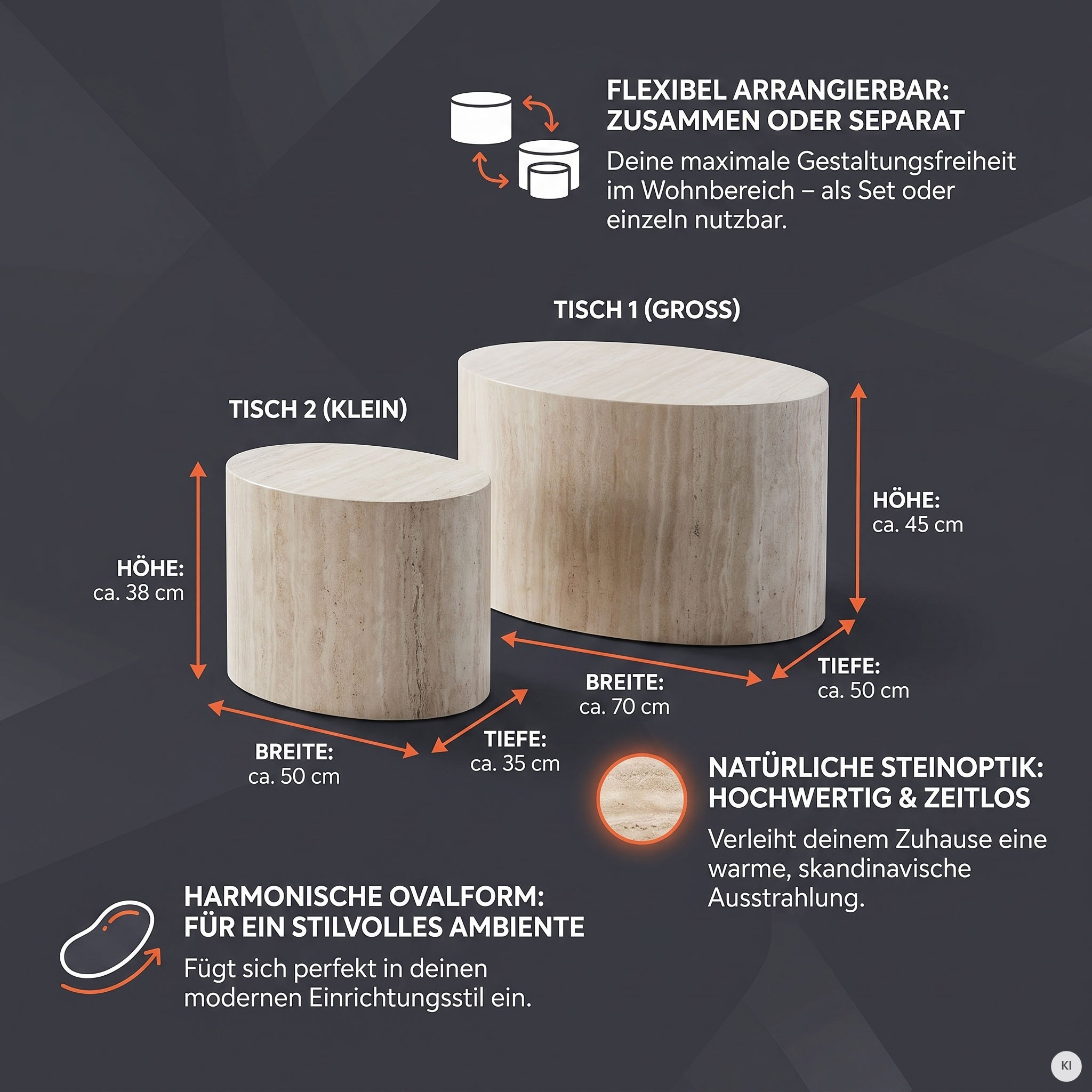 SalesFever Couchtisch »Almeria - Stilvoller Wohnzimmer- und Beistelltisch« Set, 2er Set, 2 Stk. tlg. oval, in Travertinoptik