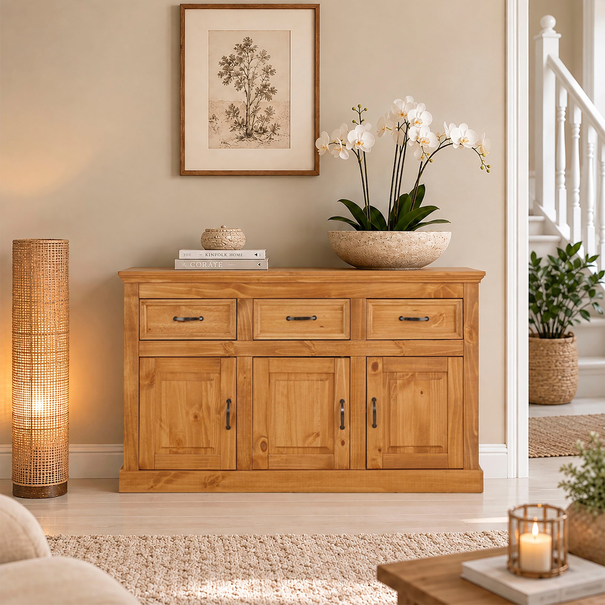 OTTO home Sideboard »Selma Kommode mit 3 Türen, 3 Schubläden und 6 Fächer, Metallgriffe« aus massivem Kiefernholz, 3 Einlegeböden, mit dekorativer Fräsung