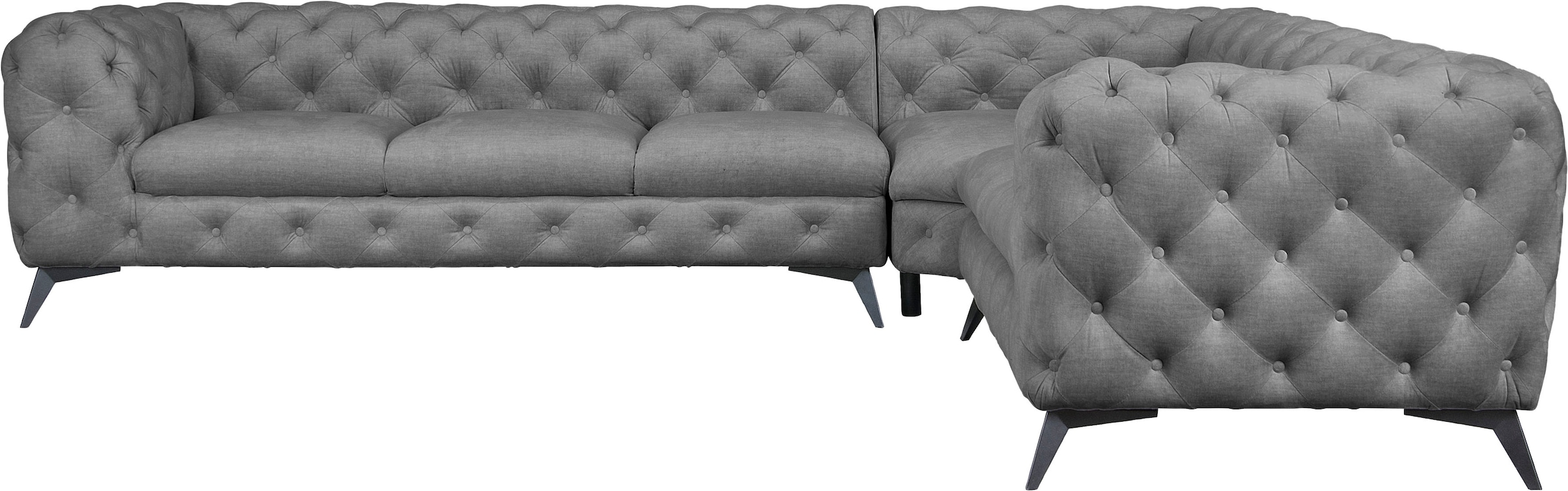 Leonique Chesterfield-Sofa »Ecksofa GLYNIS L-Form mit Wellenunterfederung, Maße B/T/H 323/264/75cm«, aufwändige Knopfheftung, moderne Chesterfield Optik, Fußfarbe wählbar