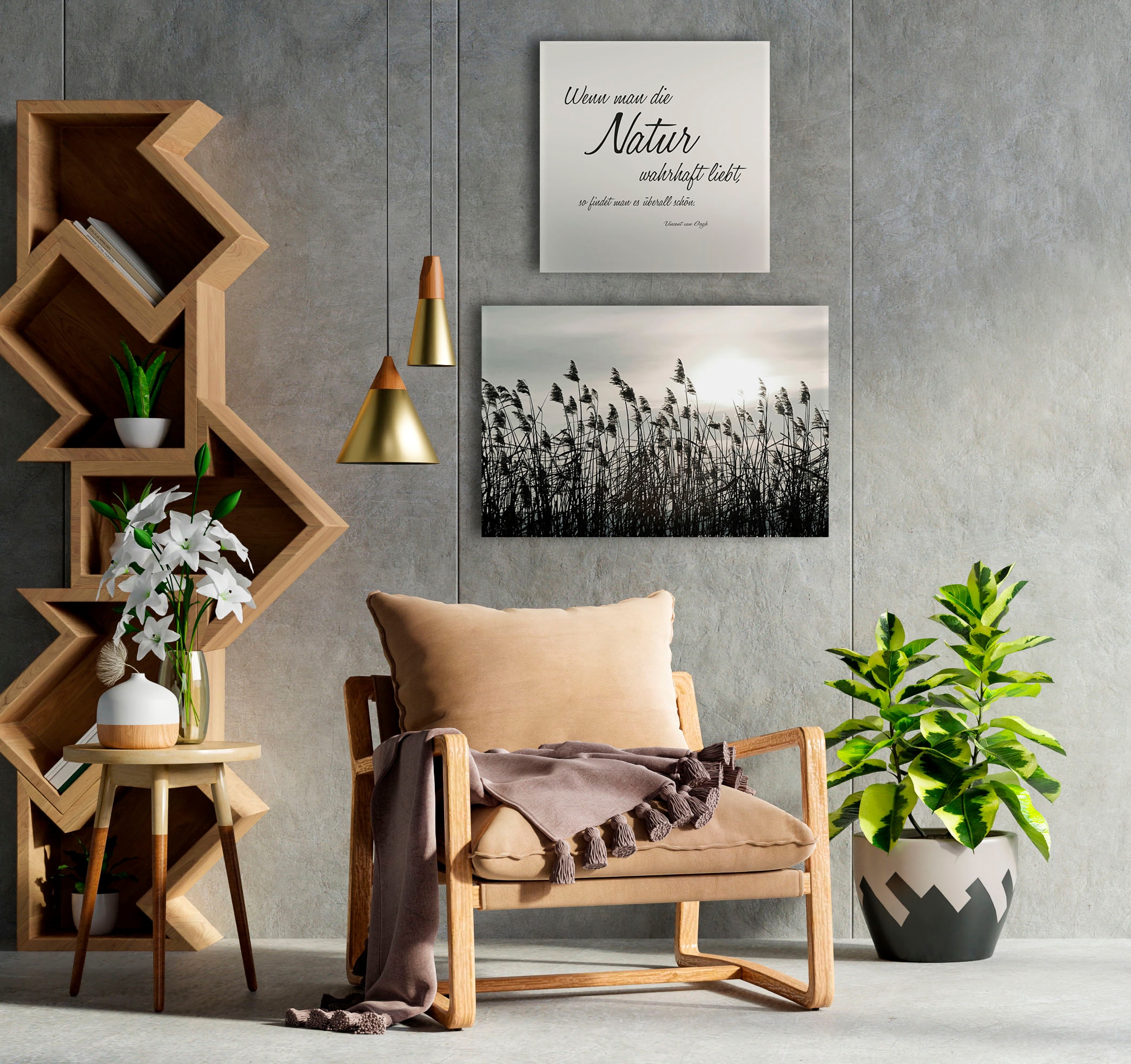 queence Leinwandbild »Natur«, Gräser-Blumen-Blumenbilder-Kunst-Modern-Spa-Spa Bilder-Sprüche-Sprüche & Texte-Schriftzug-Schriftzüge, (Set), Premium-Leinwandstoff, Handarbeit aus Deutschland, Zitat, 2er Set